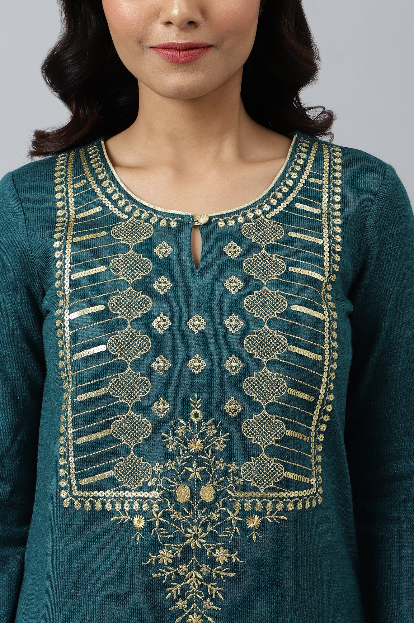 Teal Zari Embroidered Winter Plus Size kurta