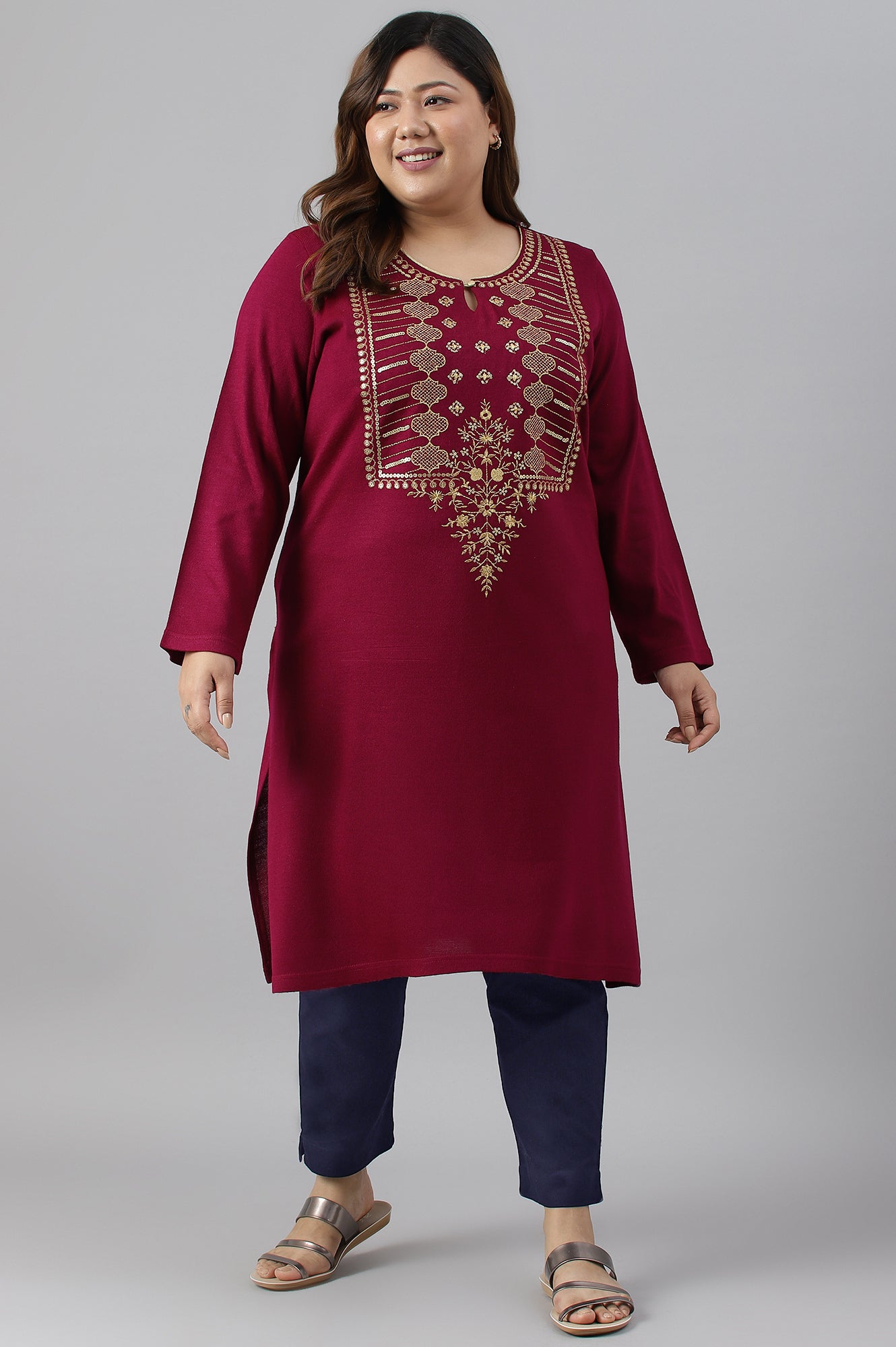 Pink Zari Embroidered Winter Plus Size kurta