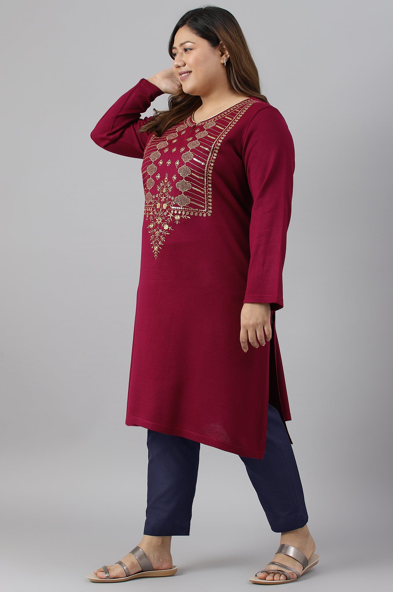 Pink Zari Embroidered Winter Plus Size kurta