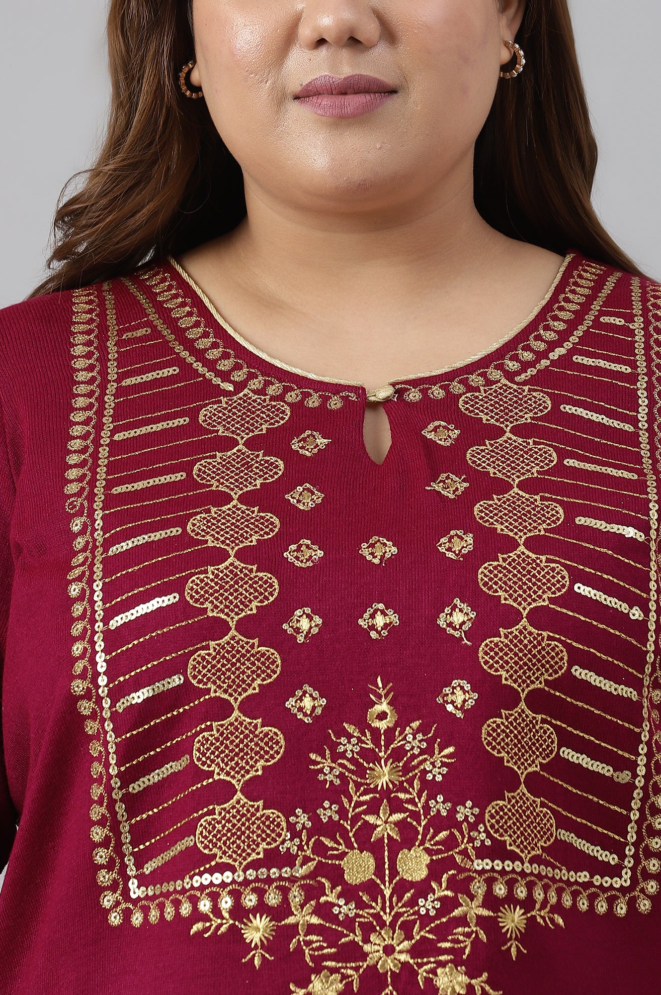 Pink Zari Embroidered Winter Plus Size kurta