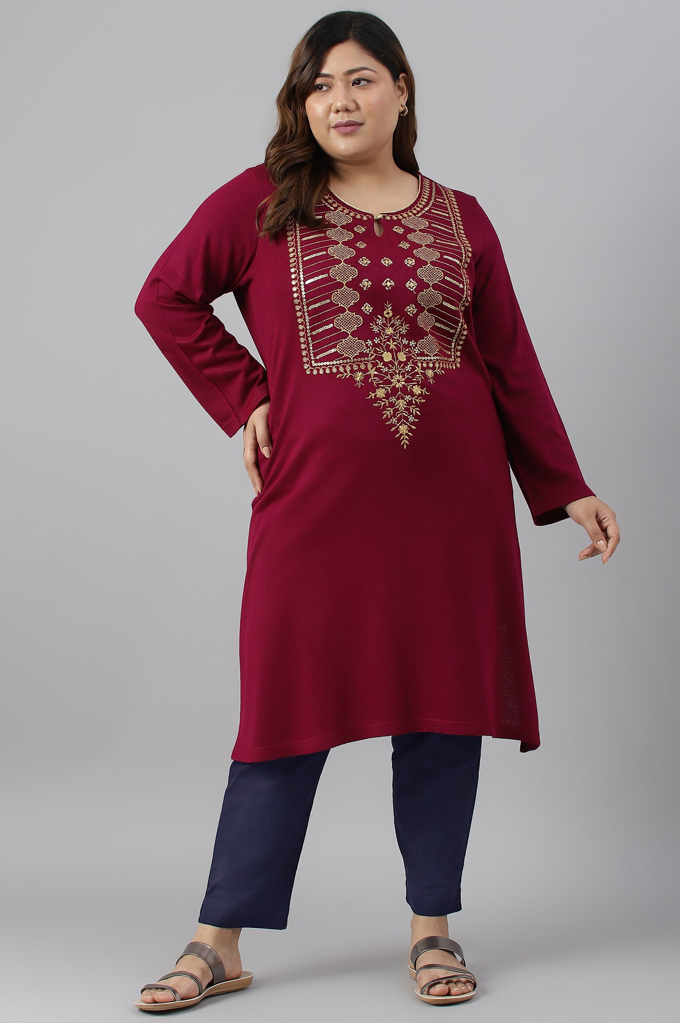 Pink Zari Embroidered Winter Plus Size kurta