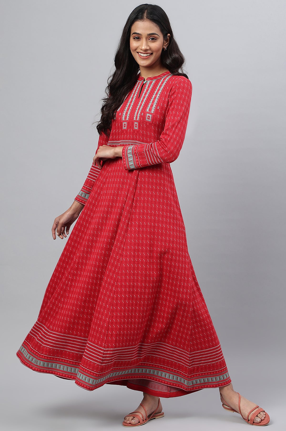 Red Yarn-dyed A-line Winter Dress - XS
