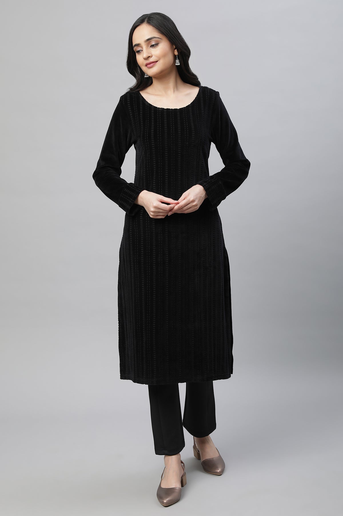 Black Yarn Dyed Ethnic Kurta - XS