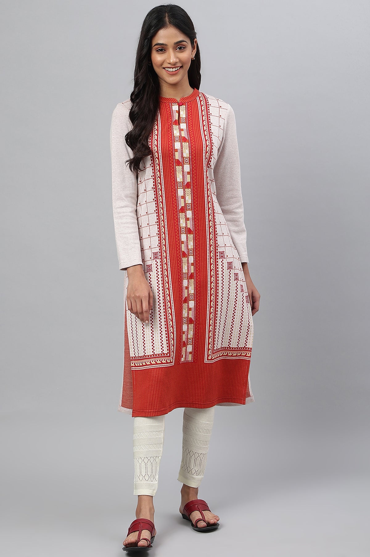 Maroon Colour Blocked Winter kurta - XS