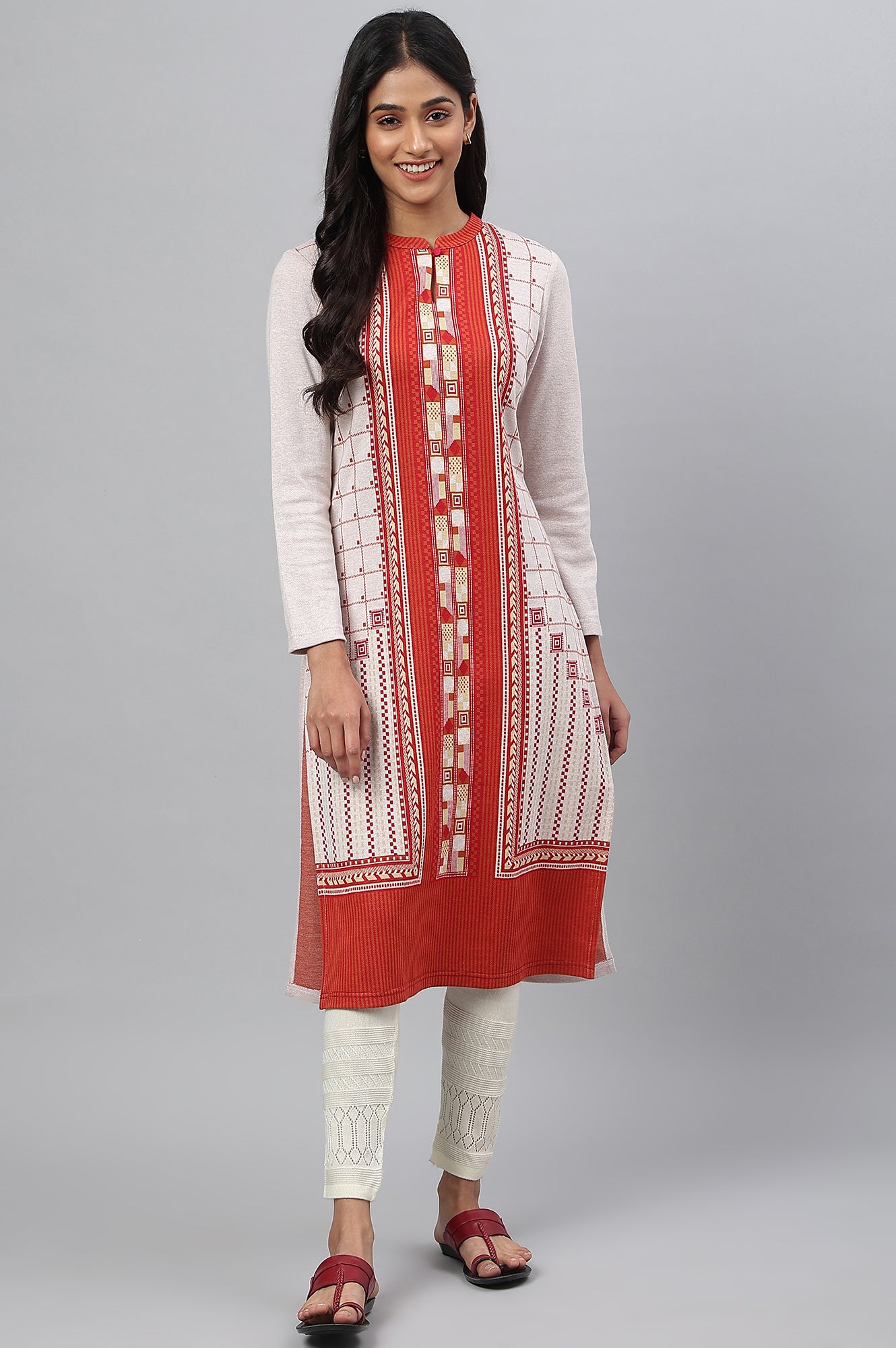 Maroon Colour Blocked Winter kurta