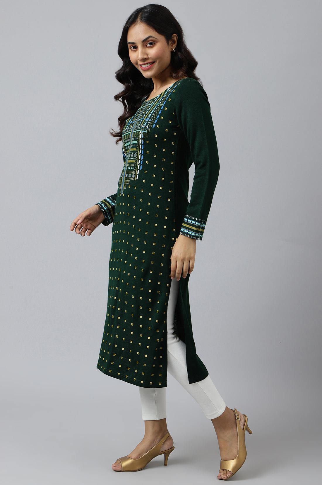 Green Printed Winter kurta