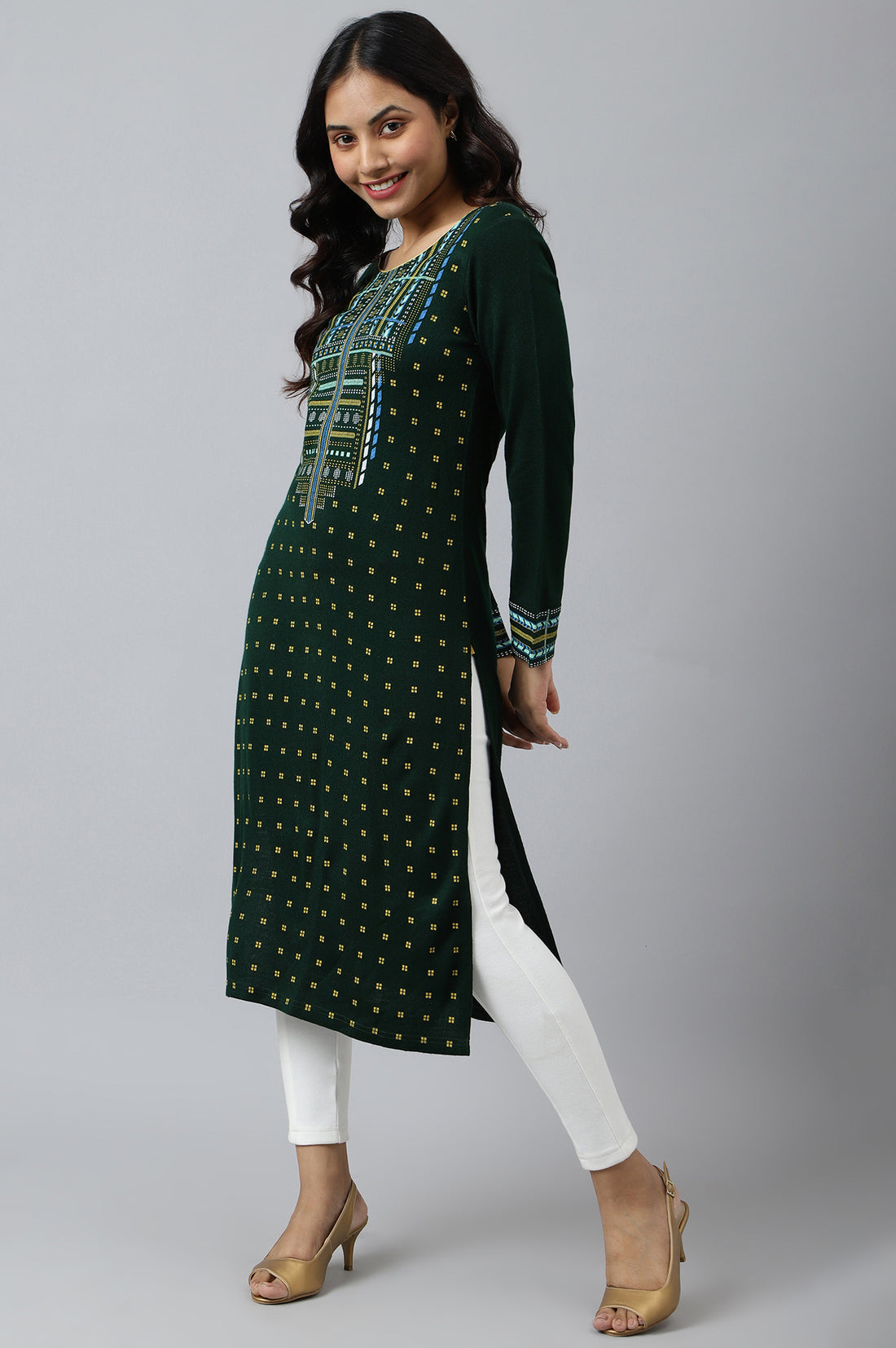 Green Printed Winter kurta
