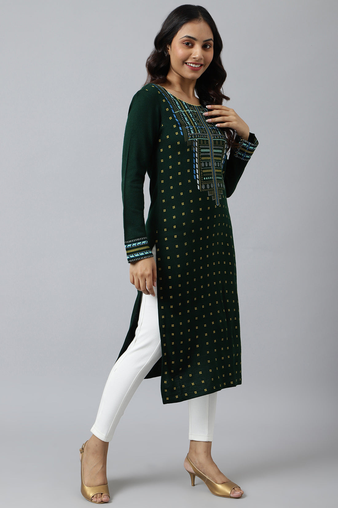 Green Printed Winter kurta