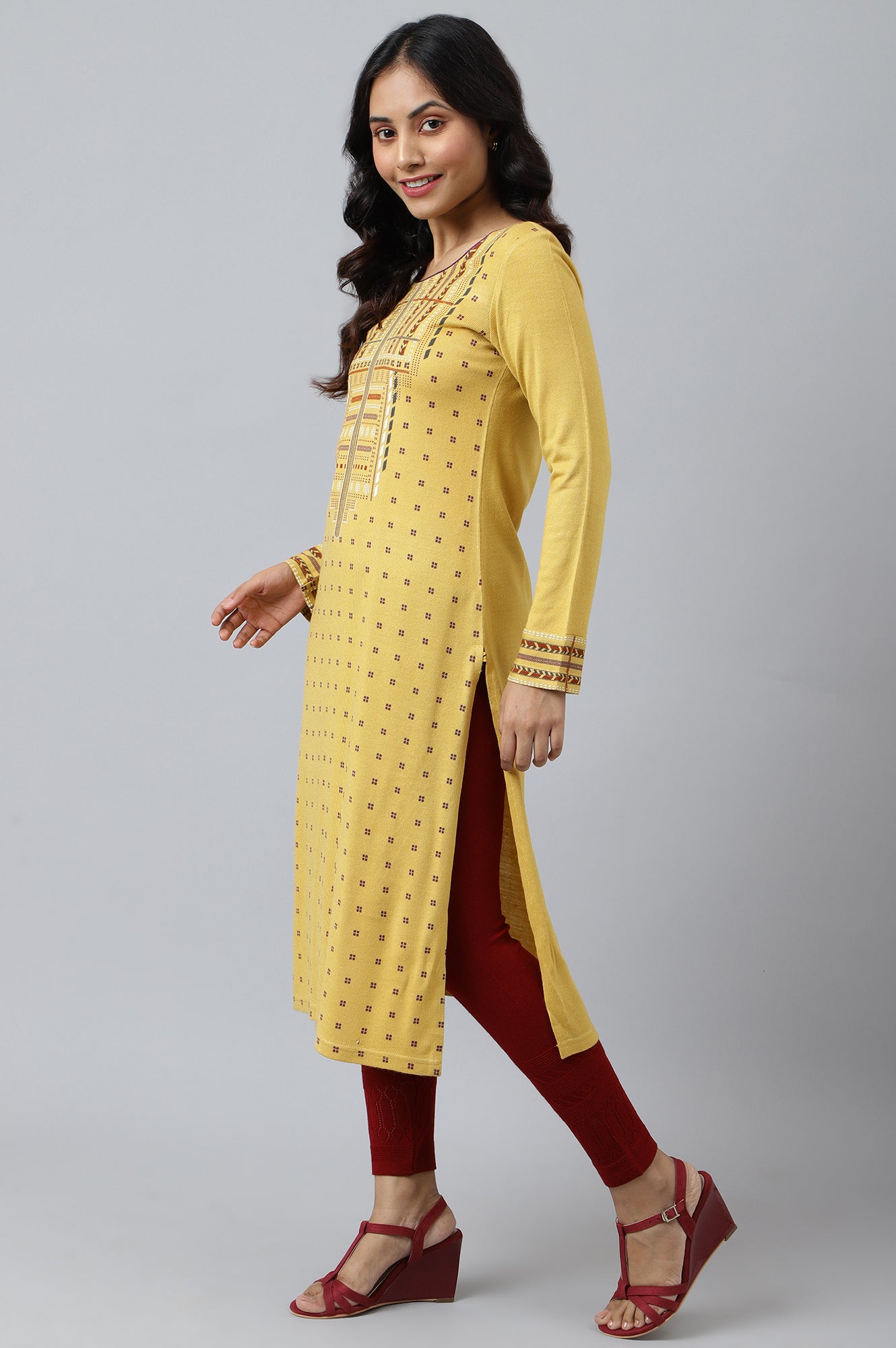 Yellow Printed Winter kurta