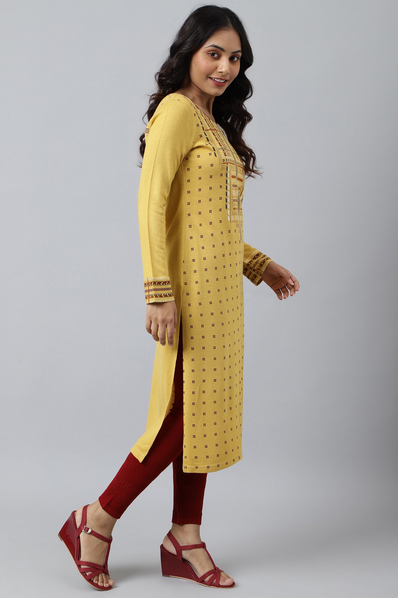 Yellow Printed Winter kurta