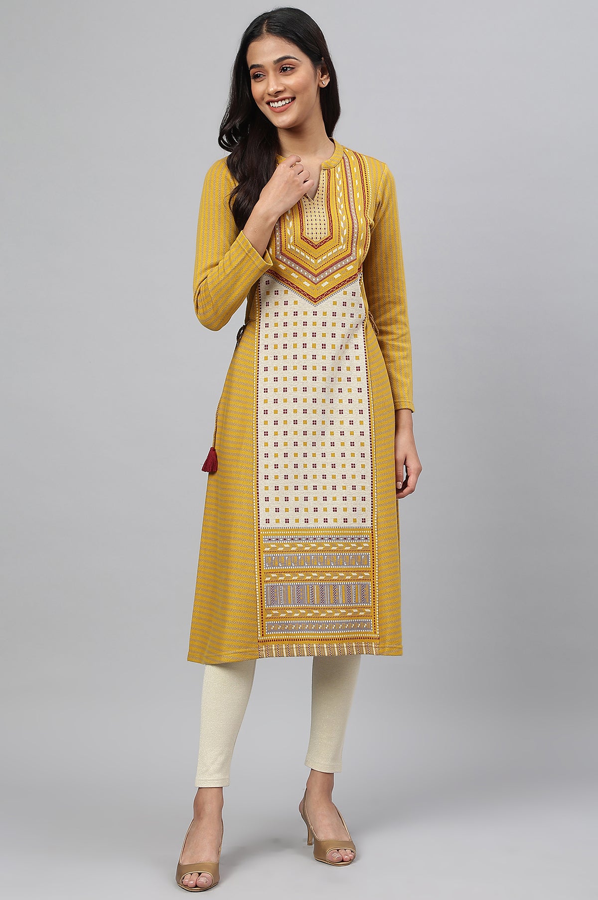Yellow Yarn-dyed Ethnic Winter kurta - XS