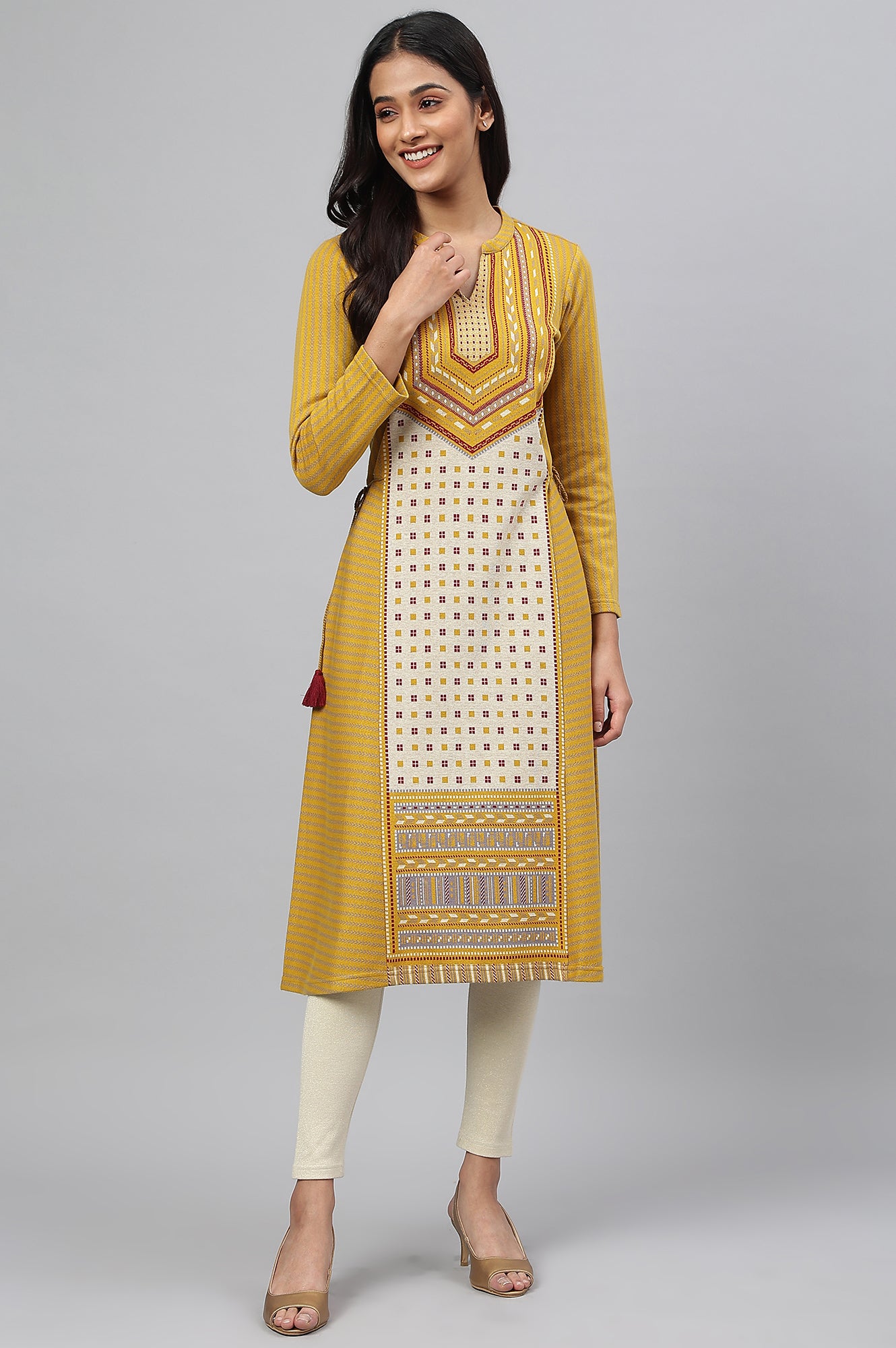 Yellow Yarn-dyed Ethnic Winter kurta