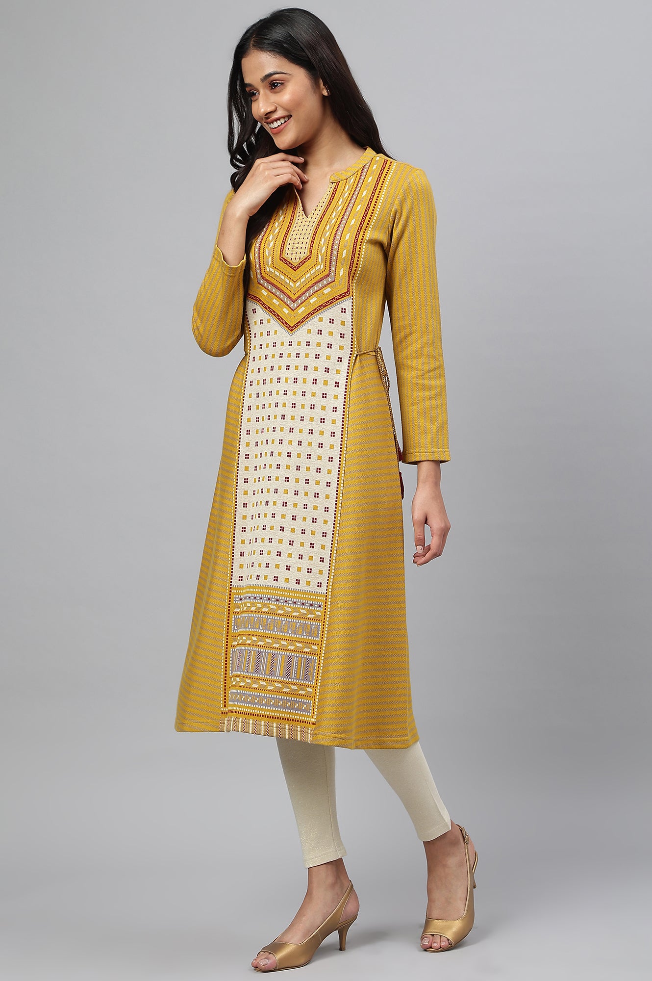 Yellow Yarn-dyed Ethnic Winter kurta