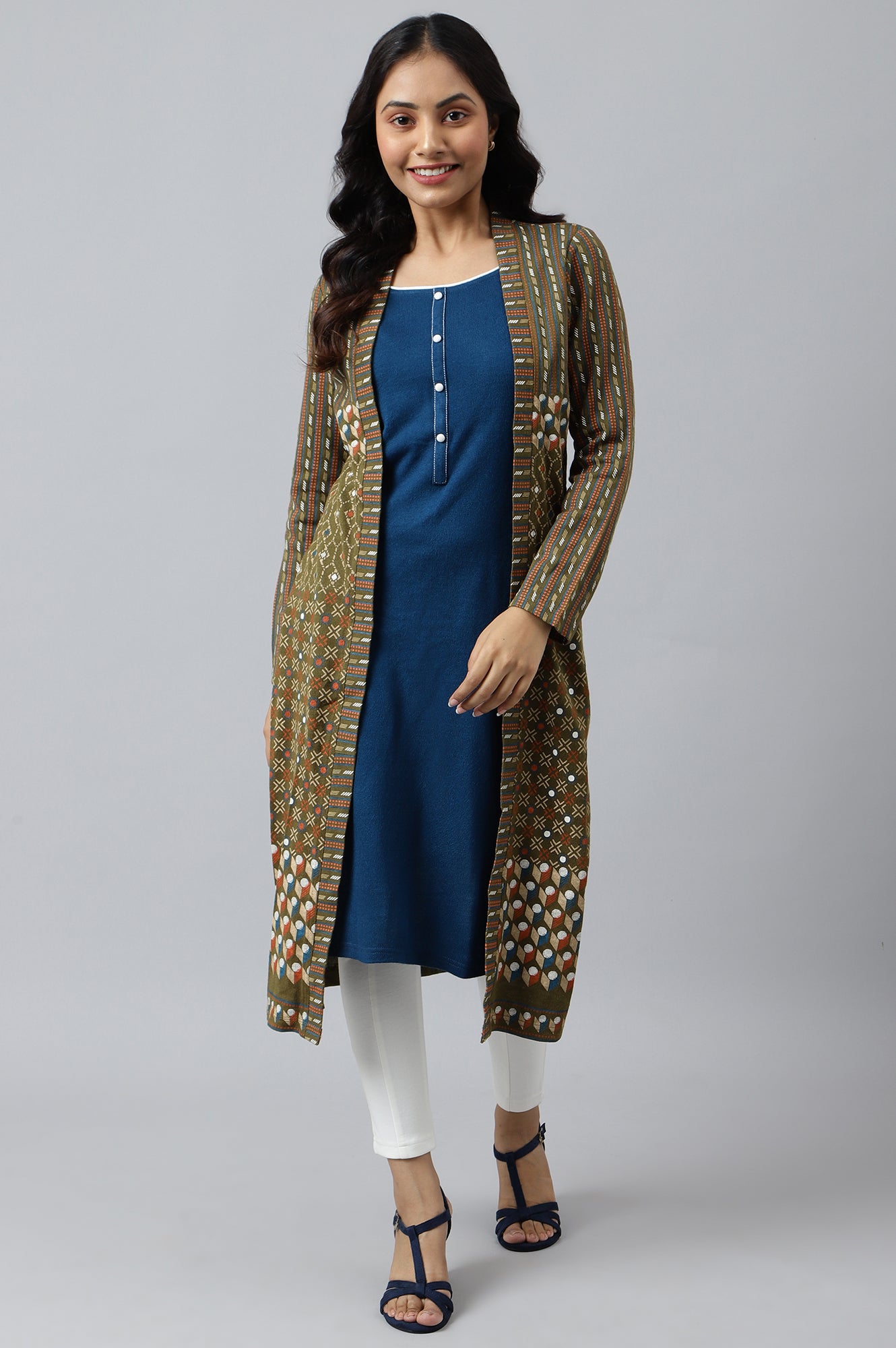 Green Double Layered Printed Winter kurta