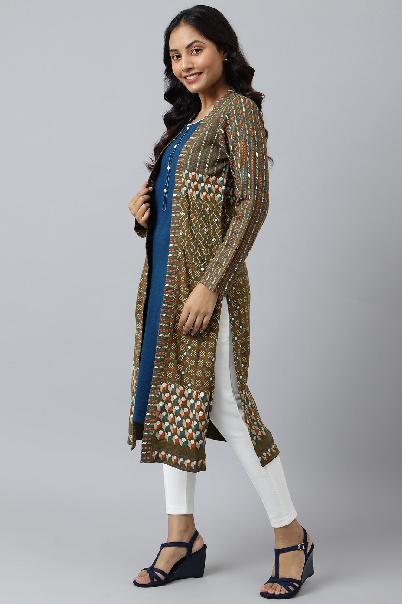 Green Double Layered Printed Winter kurta