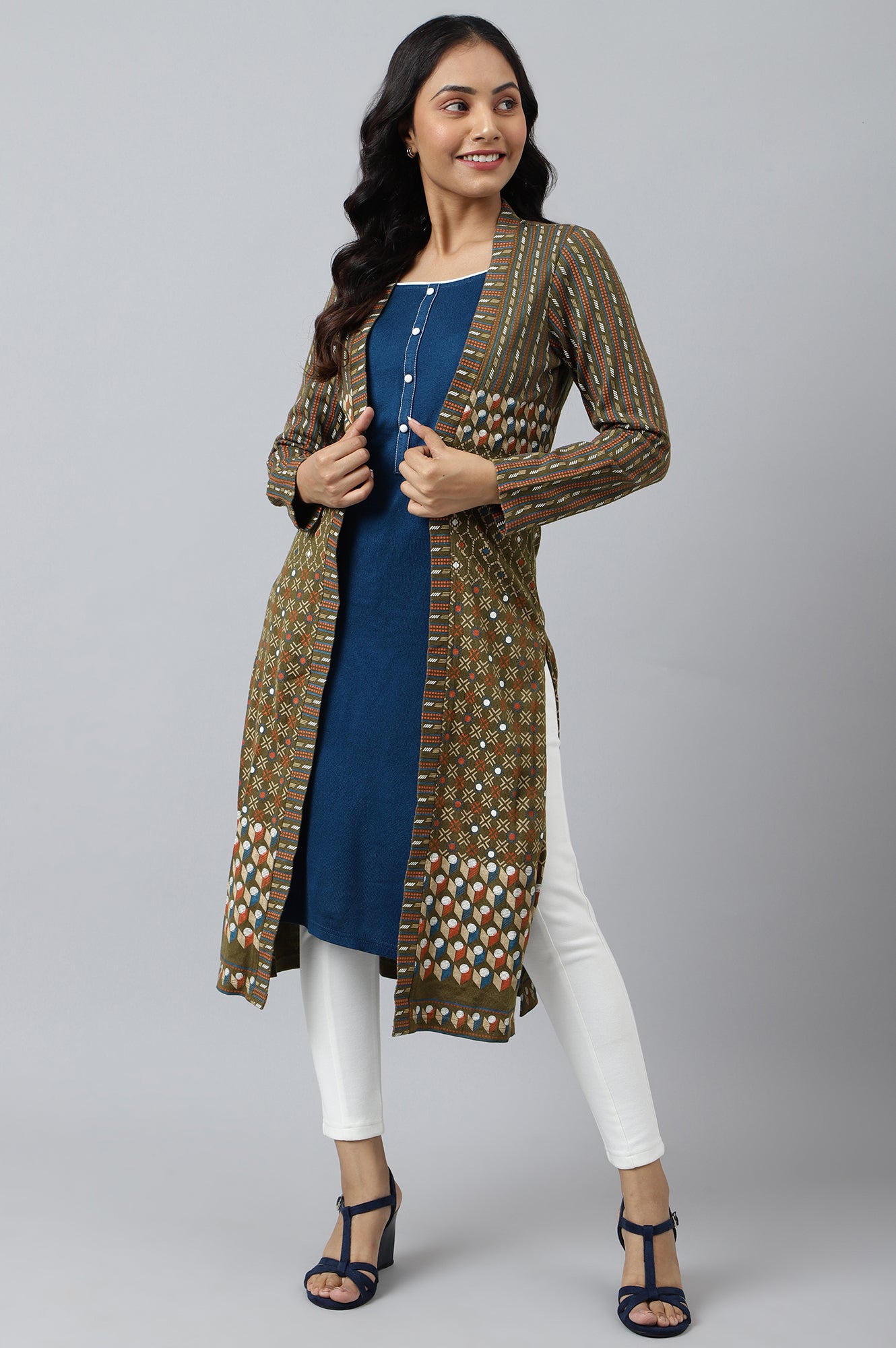 Green Double Layered Printed Winter kurta