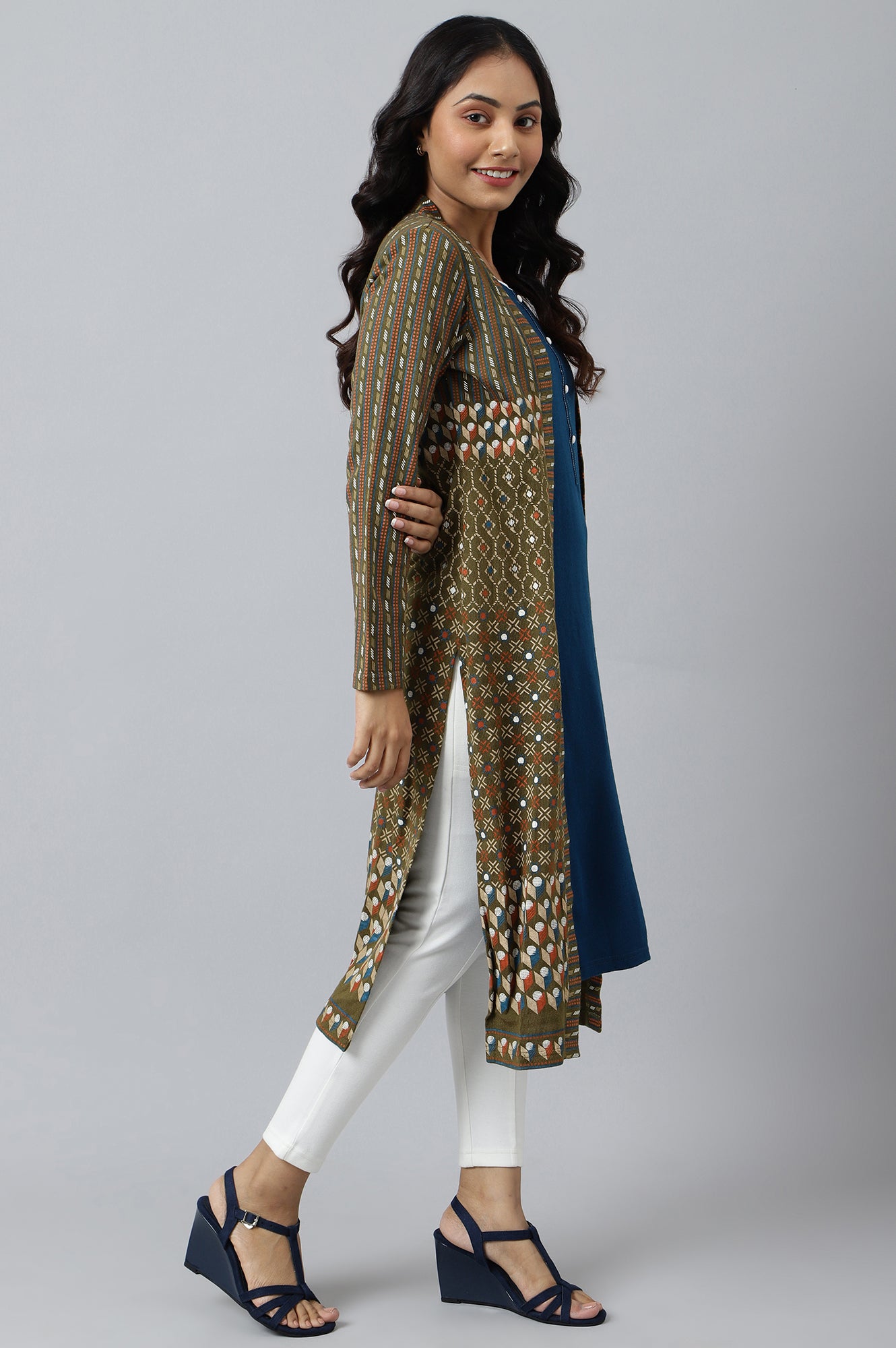 Green Double Layered Printed Winter kurta