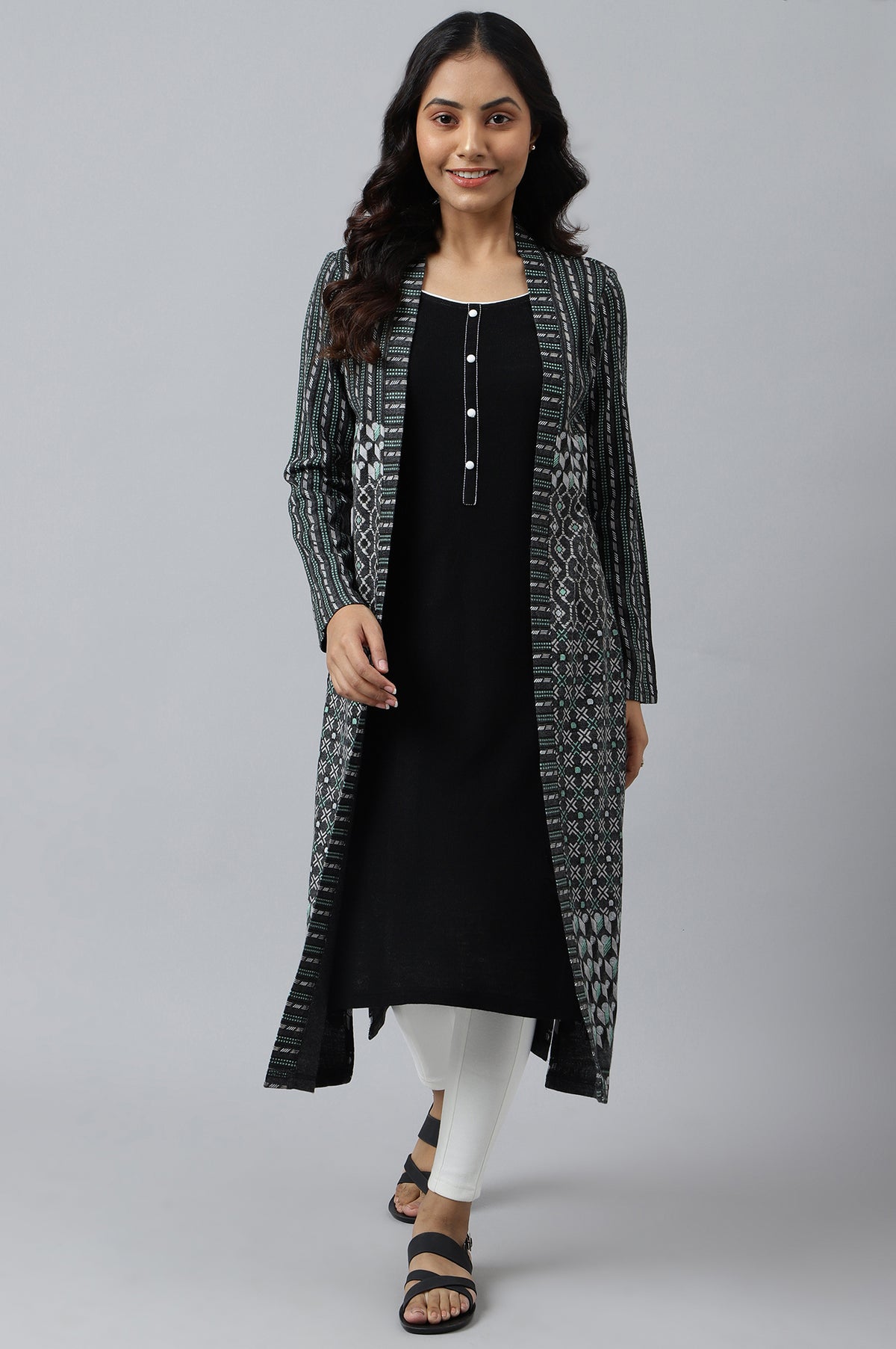 Grey Double Layered Printed Winter kurta - XS
