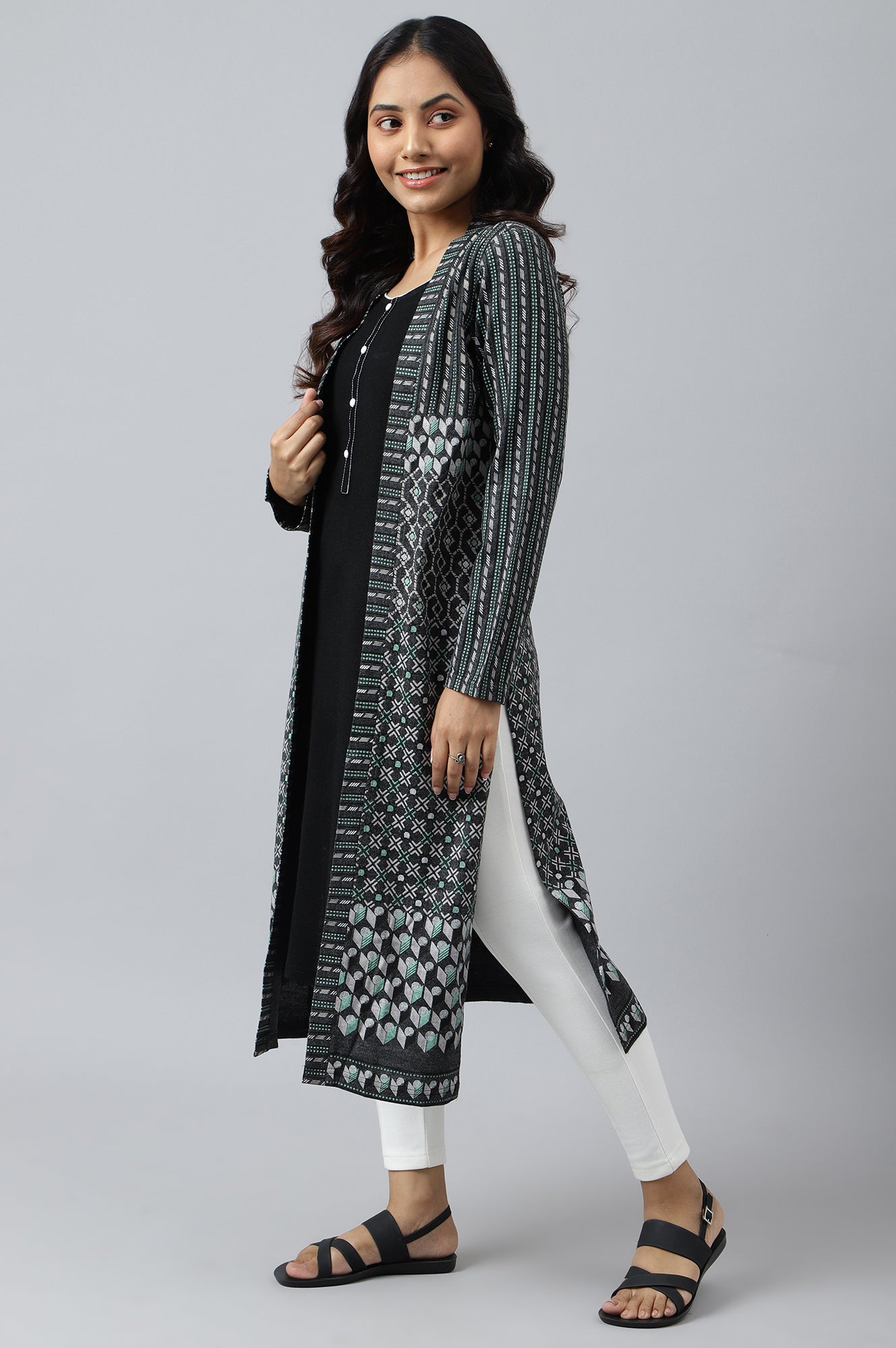 Grey Double Layered Printed Winter kurta