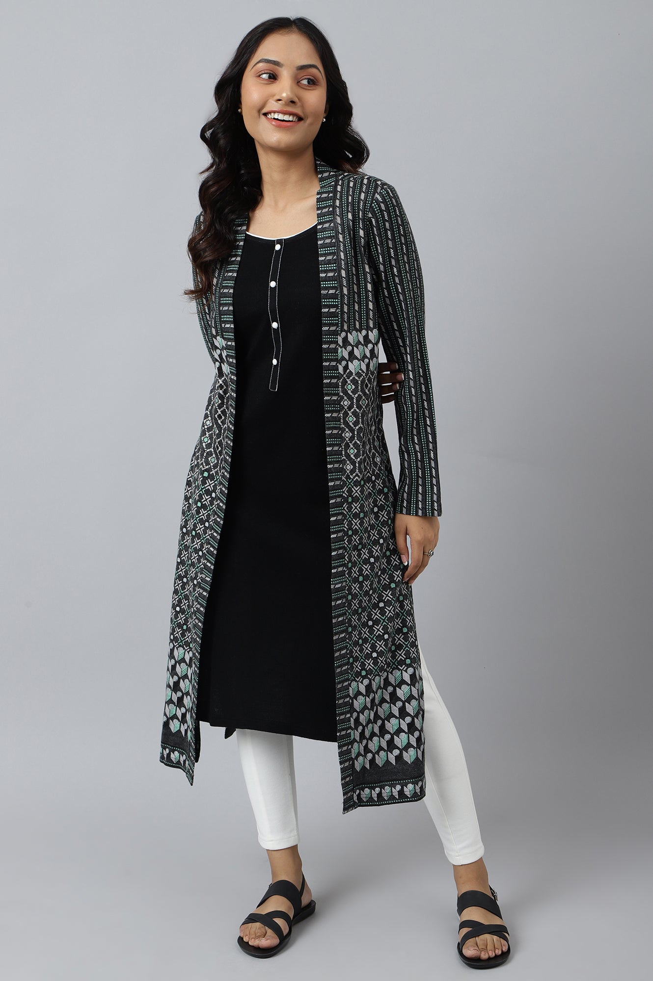 Grey Double Layered Printed Winter kurta