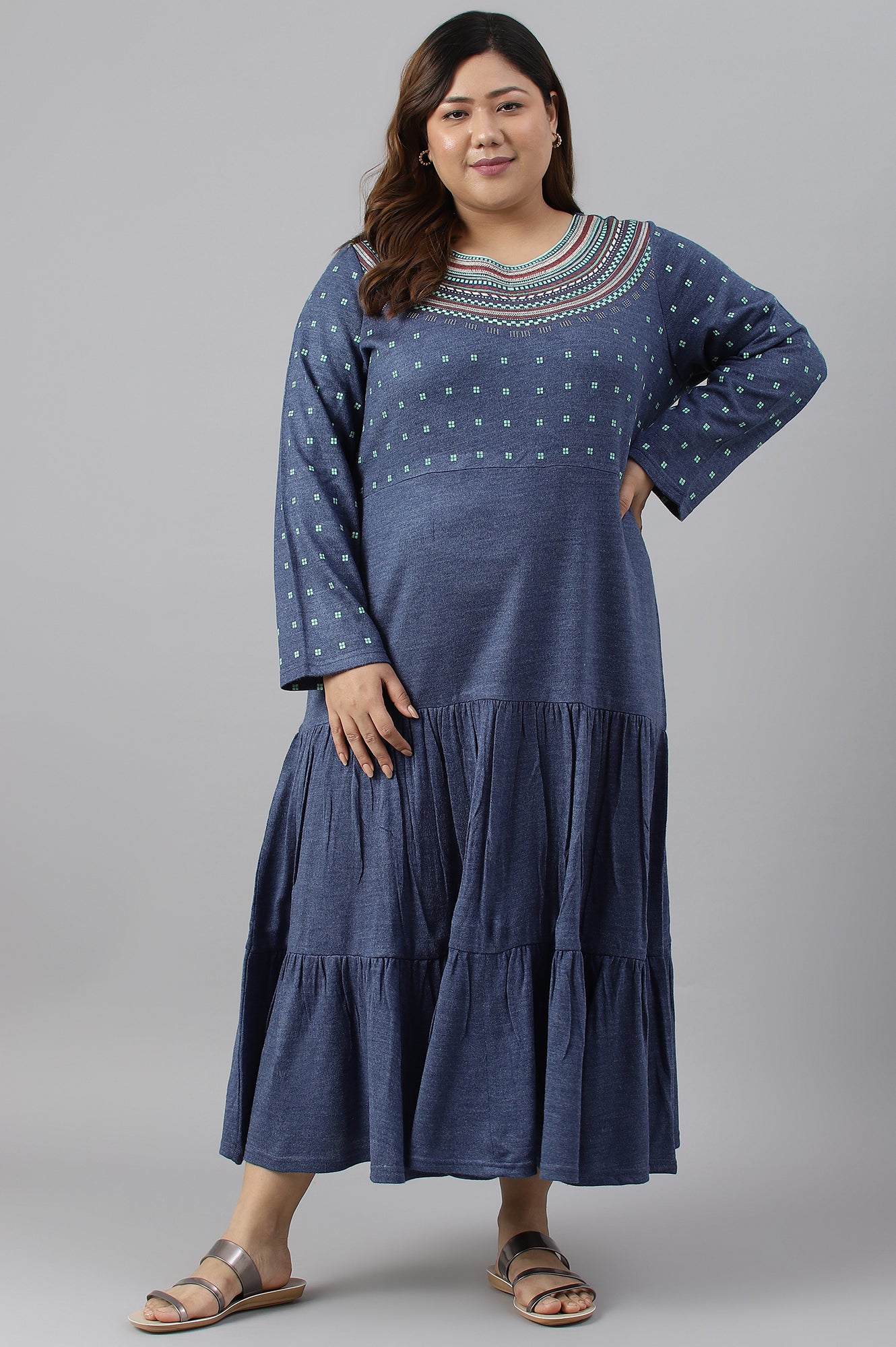 Blue Tiered Winter Plus Size Dress