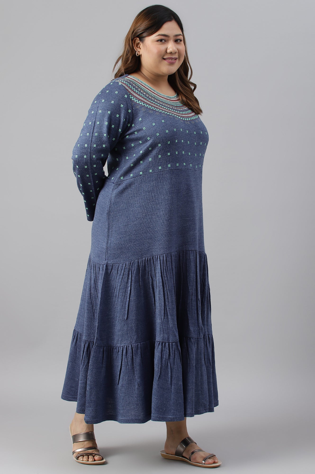 Blue Tiered Winter Plus Size Dress