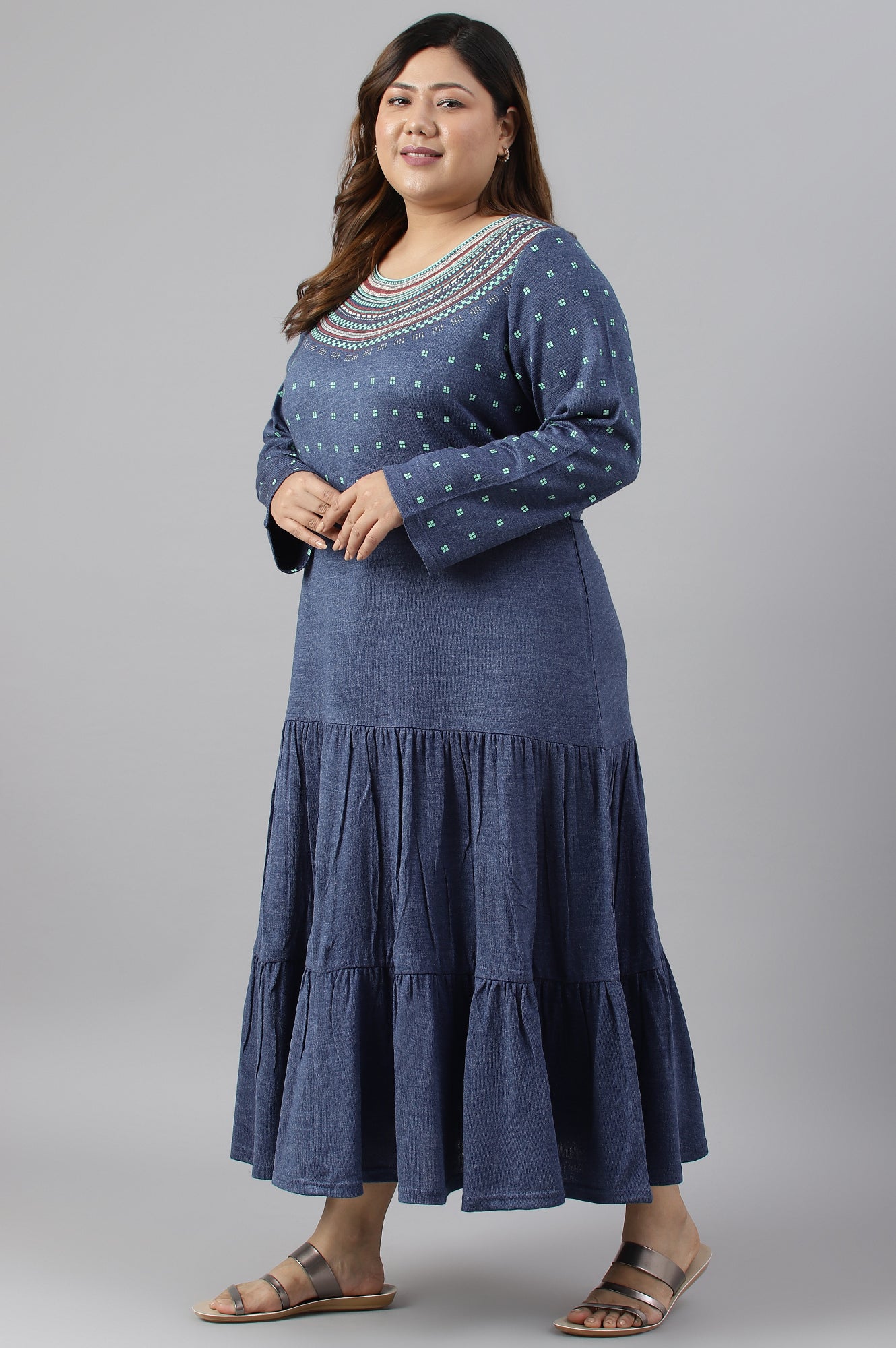 Blue Tiered Winter Plus Size Dress