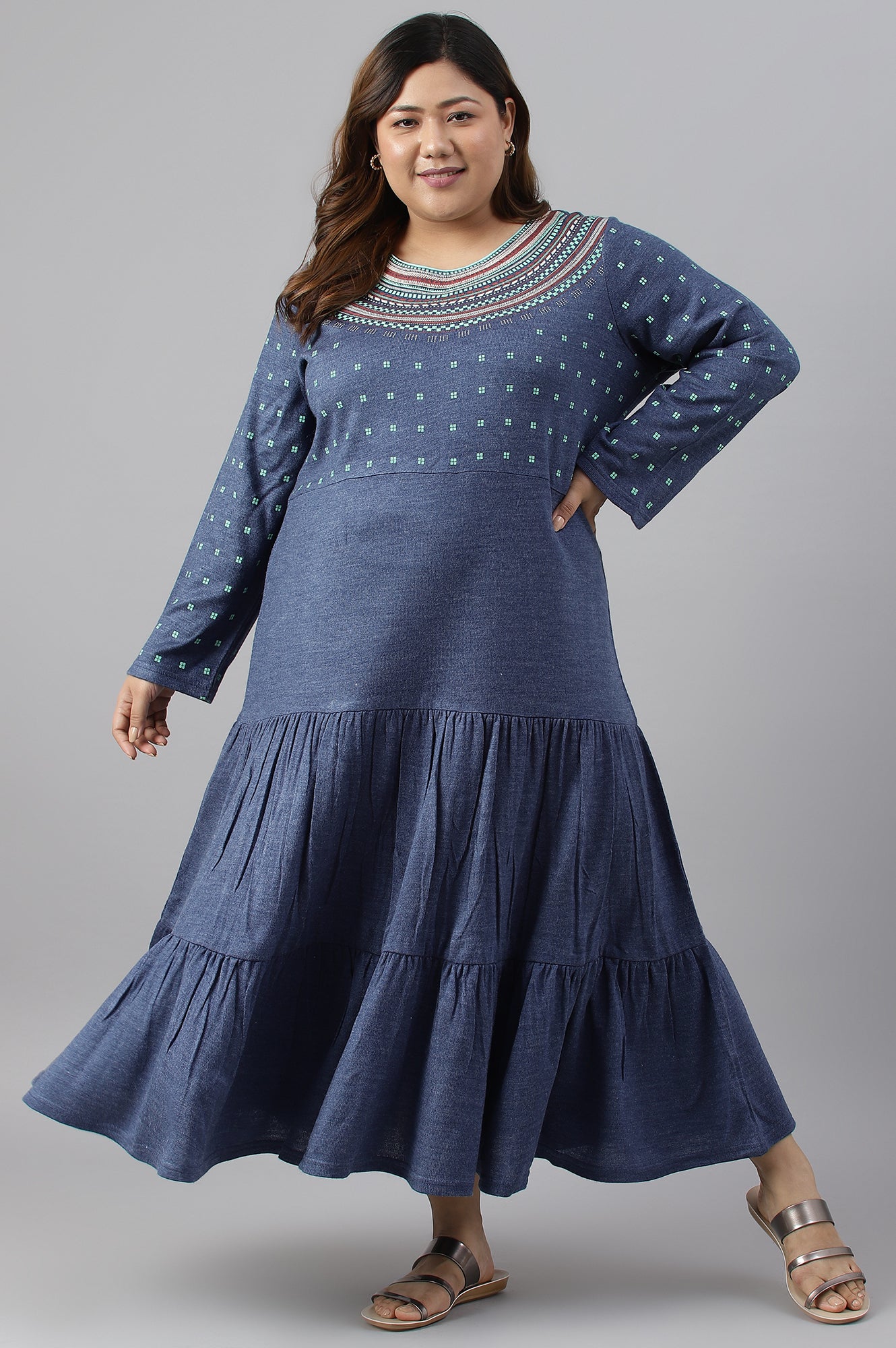 Blue Tiered Winter Plus Size Dress