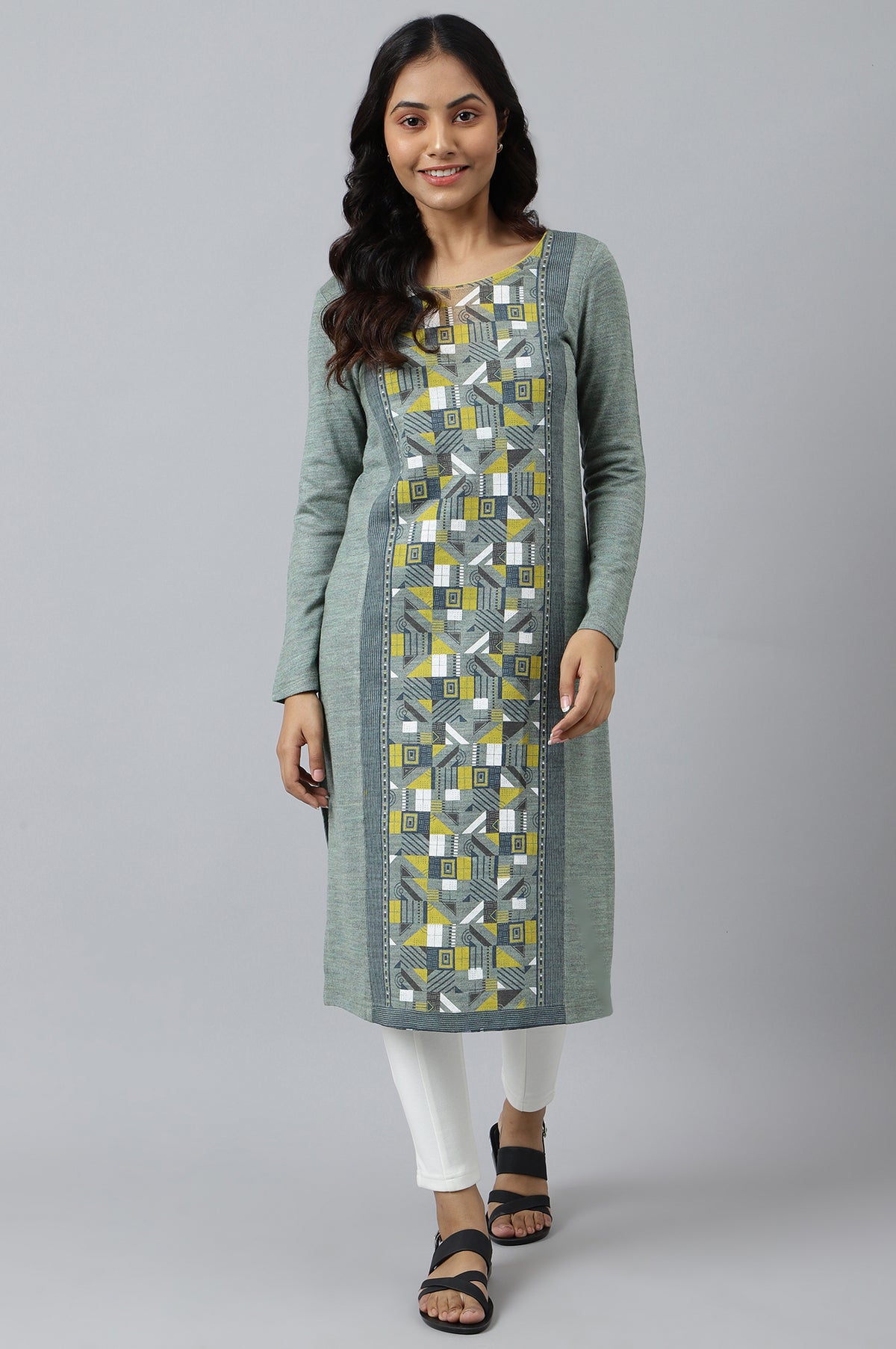 Green Placement Print Ethnic Winter kurta - XS