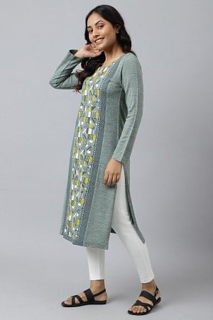 Green Placement Print Ethnic Winter kurta