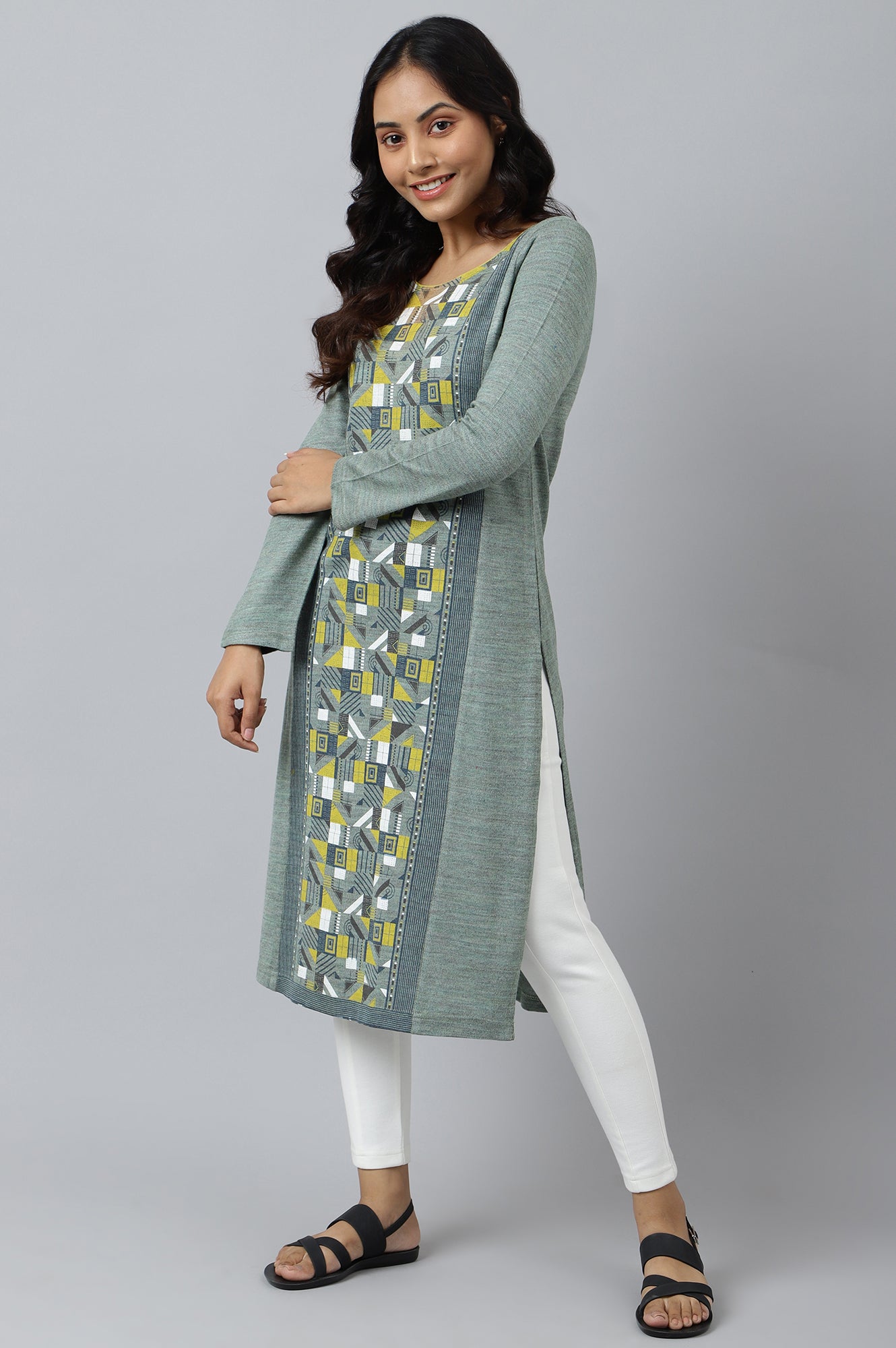 Green Placement Print Ethnic Plus Size Winter kurta