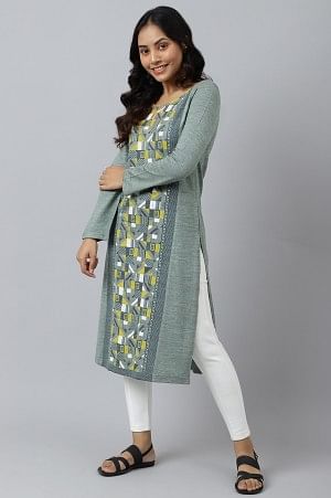 Green Placement Print Ethnic Winter kurta