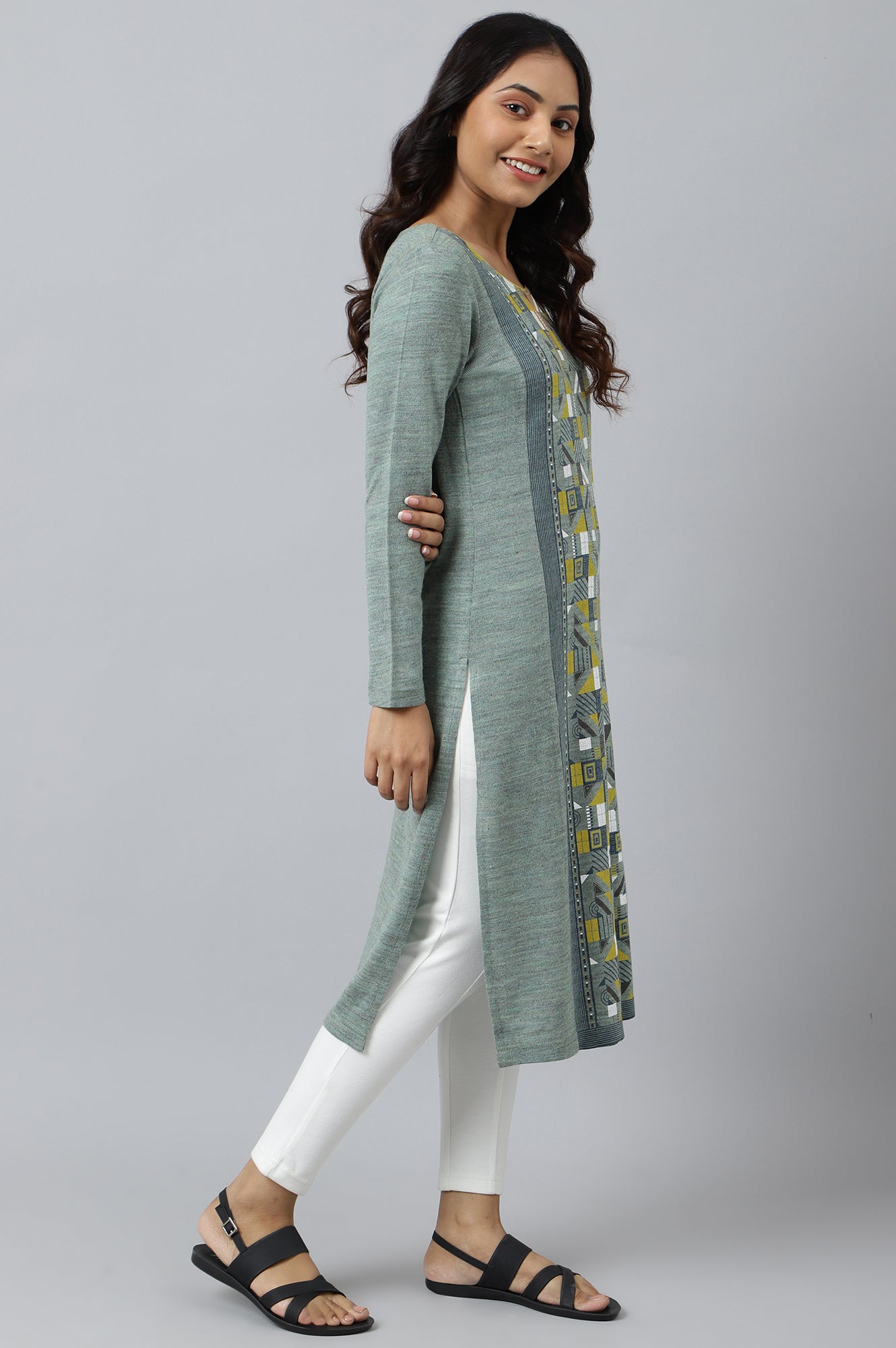 Green Placement Print Ethnic Plus Size Winter kurta