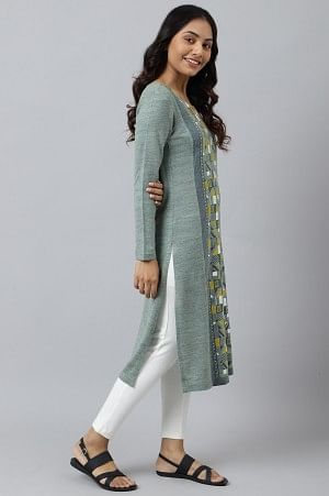 Green Placement Print Ethnic Winter kurta