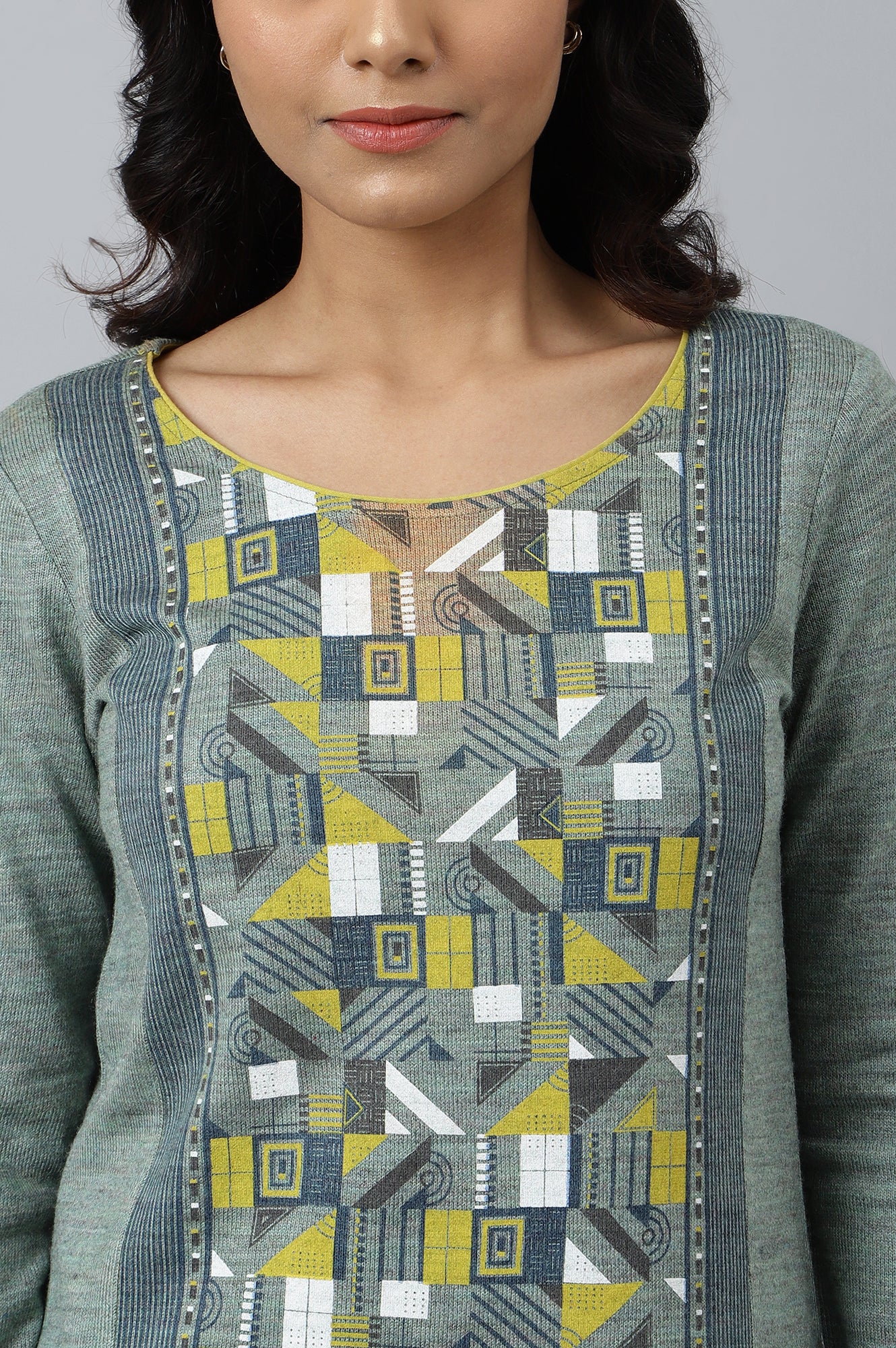 Green Placement Print Ethnic Plus Size Winter kurta