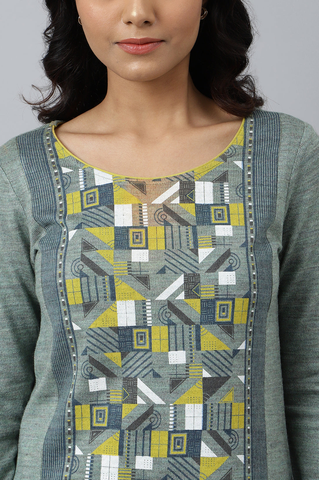 Green Placement Print Ethnic Winter kurta