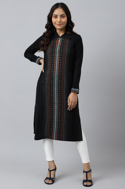 Yellow Placement Print kurta with Embroidery