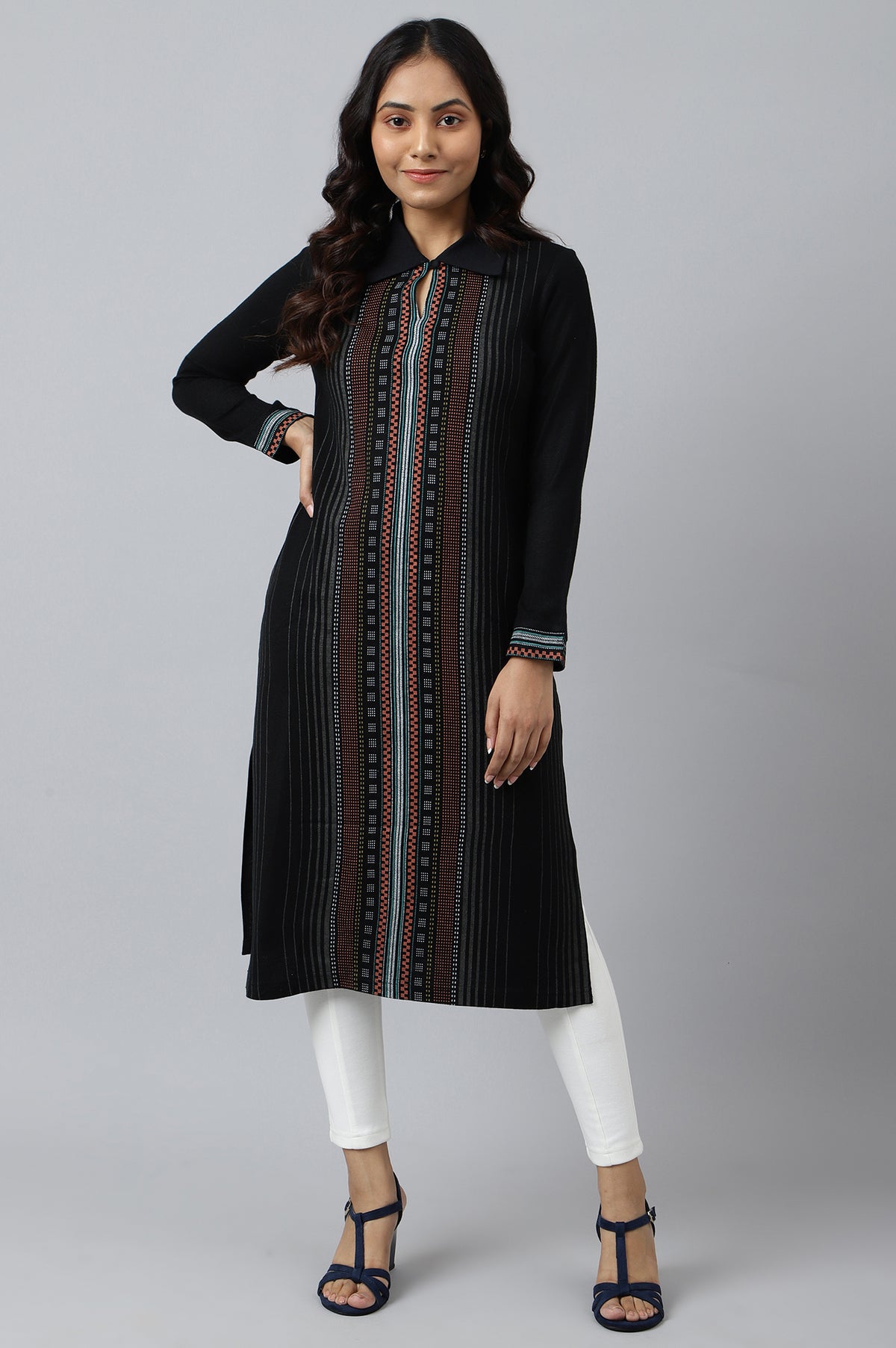 Black Printed Acrylic Winter kurta - XS