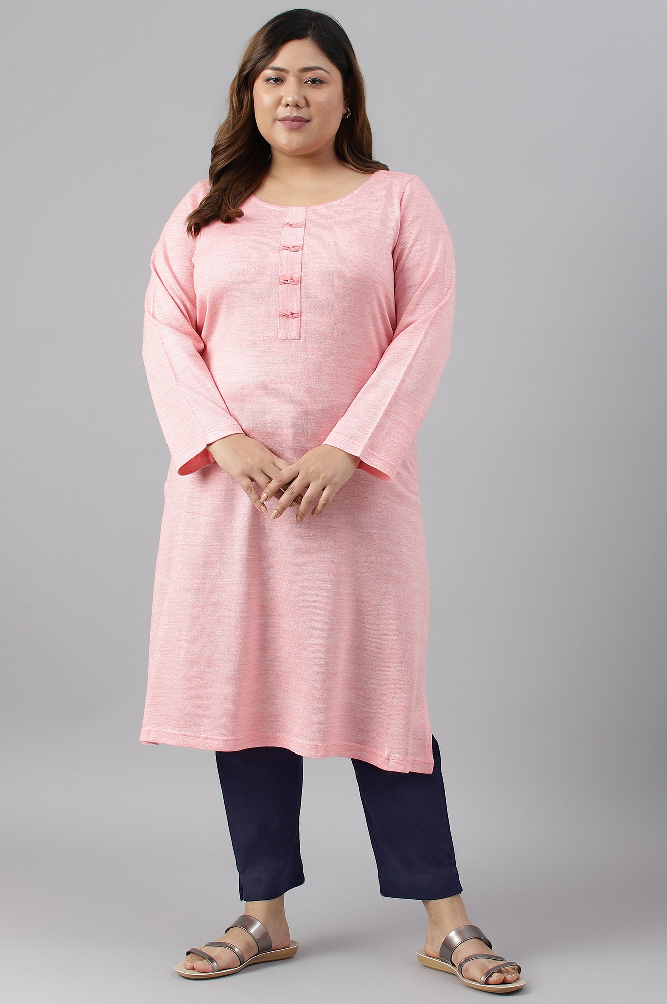 Pink Yarn-Dyed Round Neck Winter Plus Size kurta