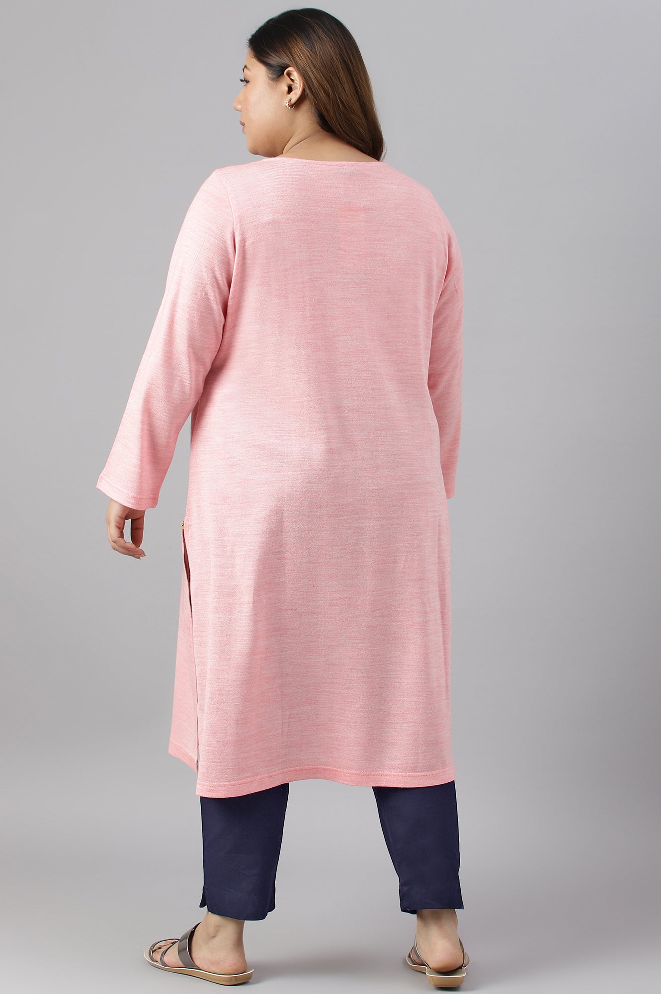 Pink Yarn-Dyed Round Neck Winter Plus Size kurta