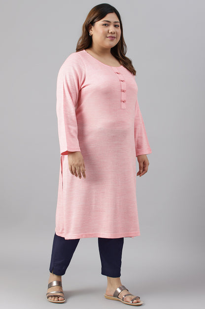 Pink Yarn-Dyed Round Neck Winter Plus Size kurta