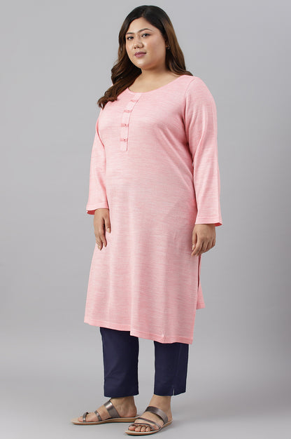 Pink Yarn-Dyed Round Neck Winter Plus Size kurta