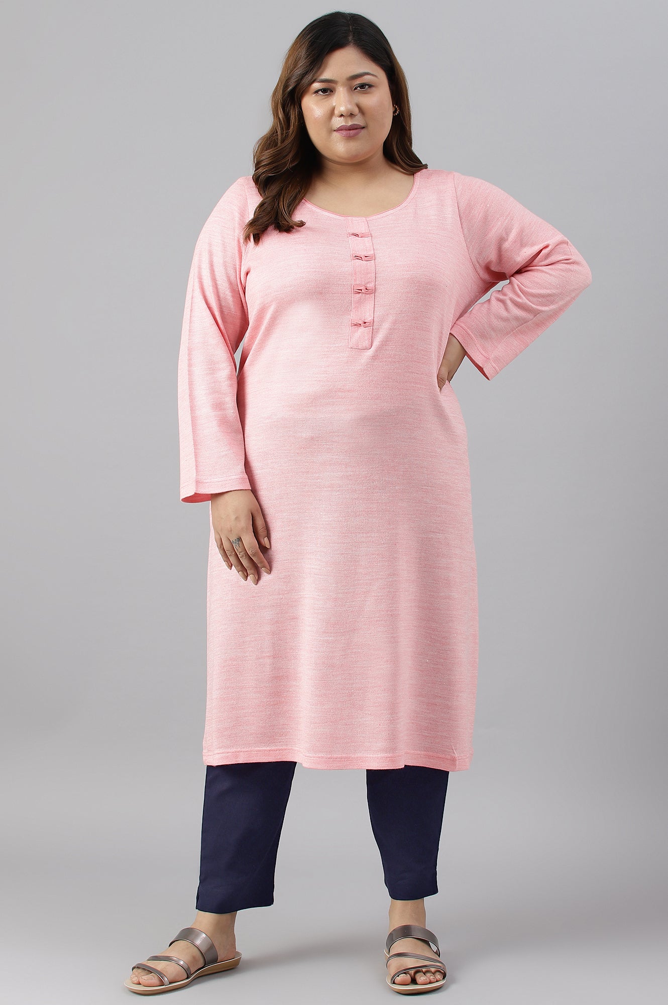 Pink Yarn-Dyed Round Neck Winter Plus Size kurta