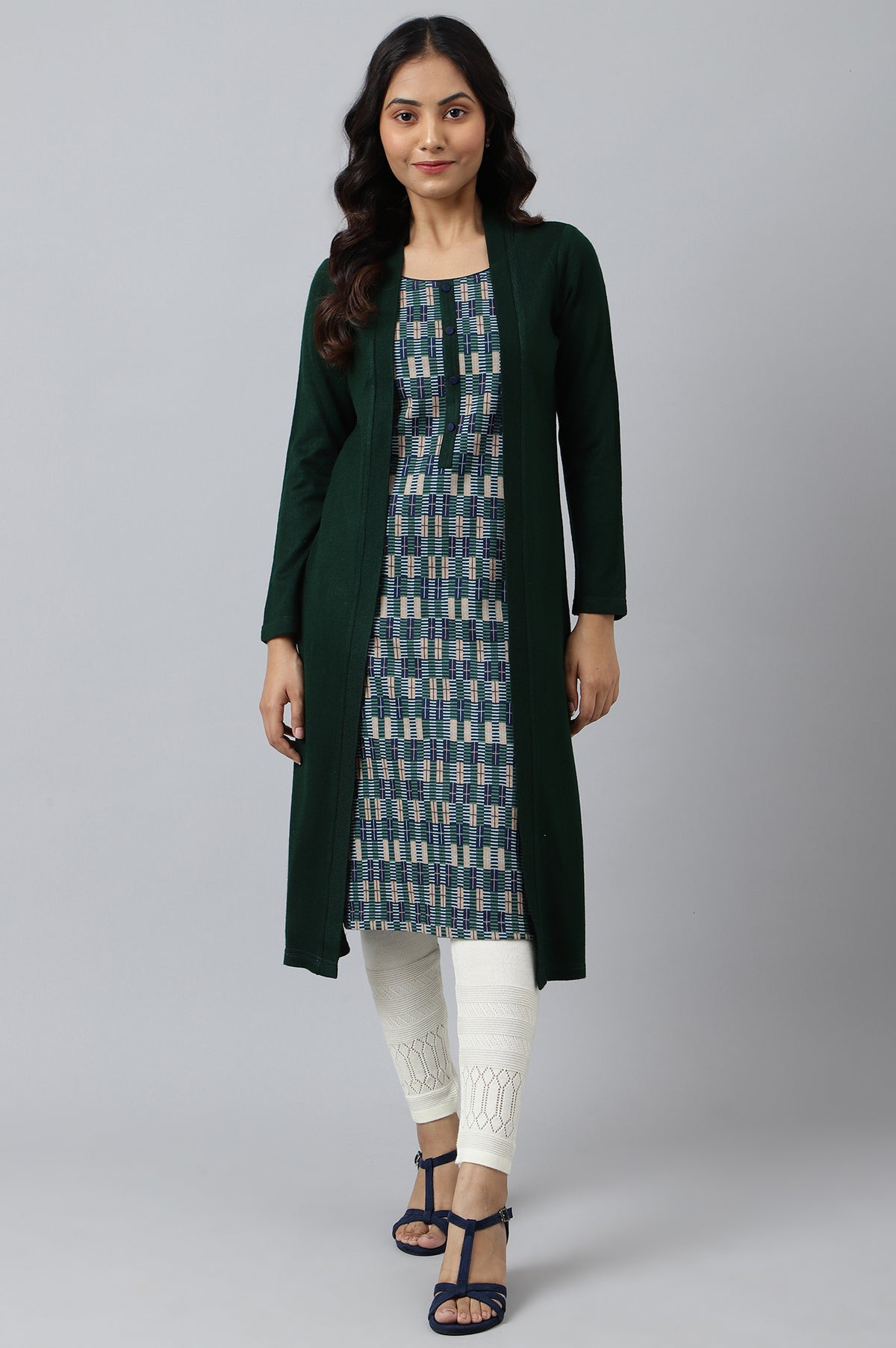 Green Double Layered Printed Winter kurta - XS