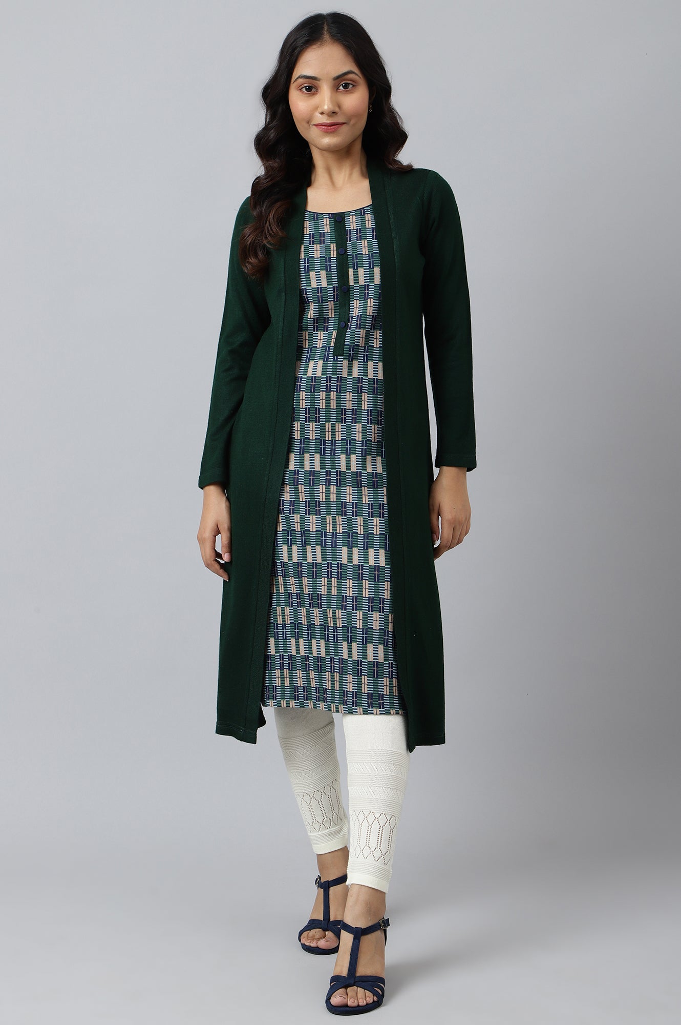 Green Double Layered Printed Winter kurta