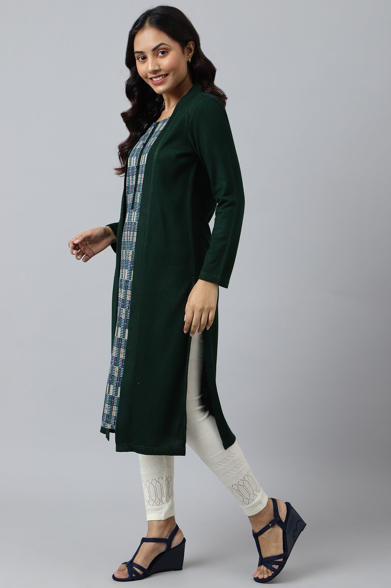 Green Double Layered Printed Winter kurta