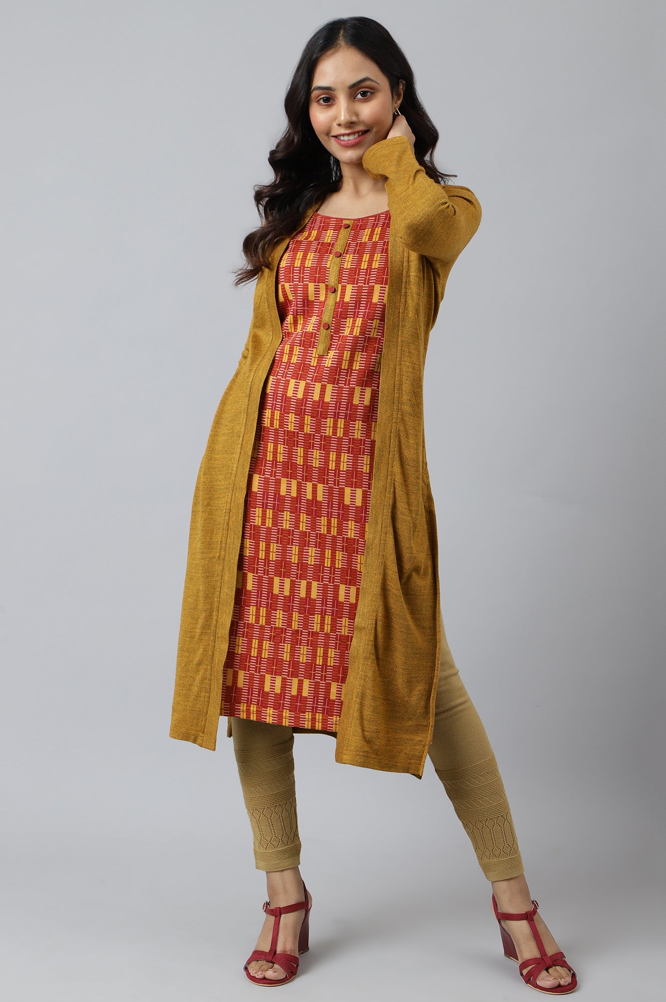 Yellow Double Layered Printed Winter kurta