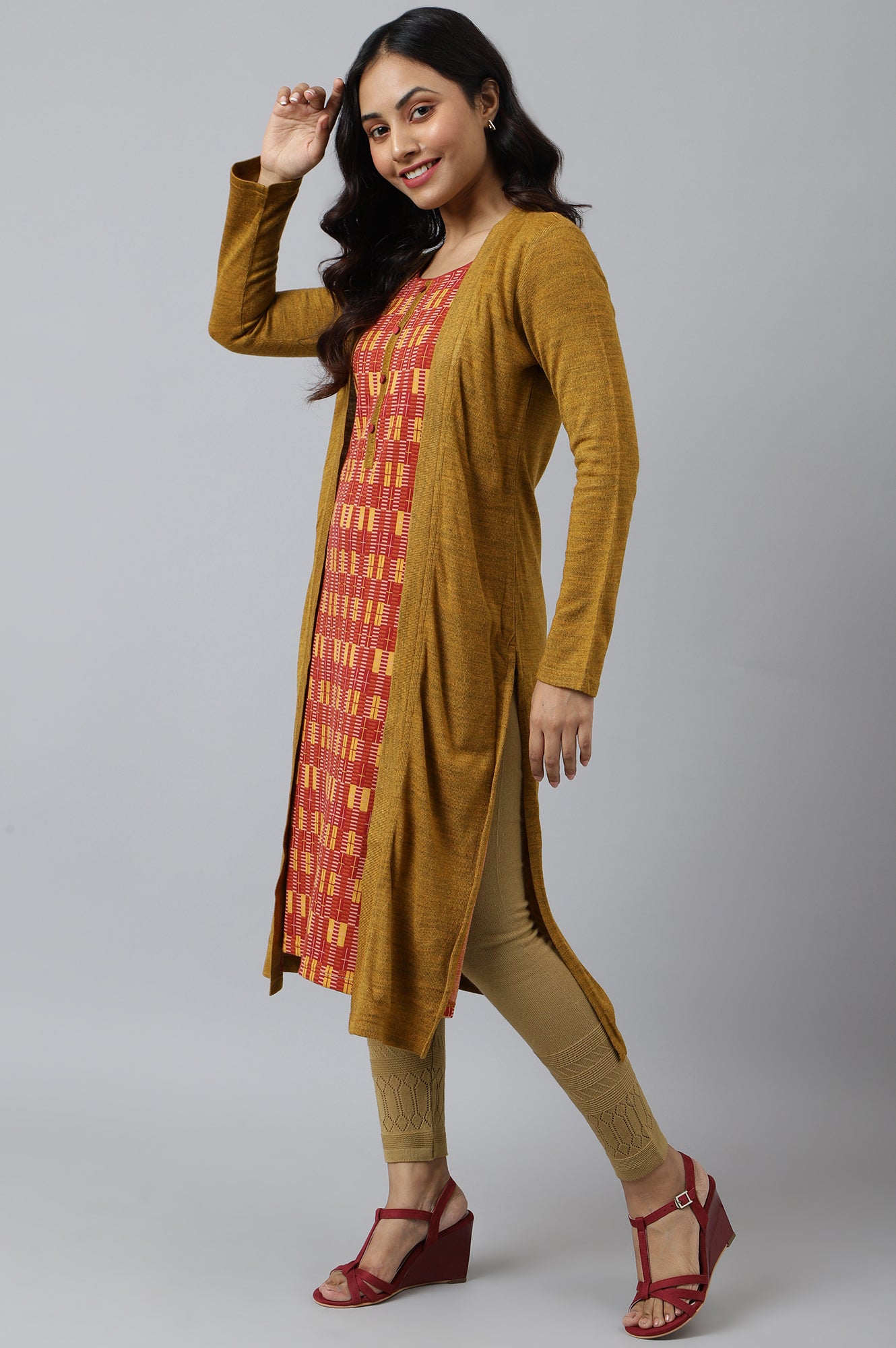 Yellow Double Layered Printed Winter kurta