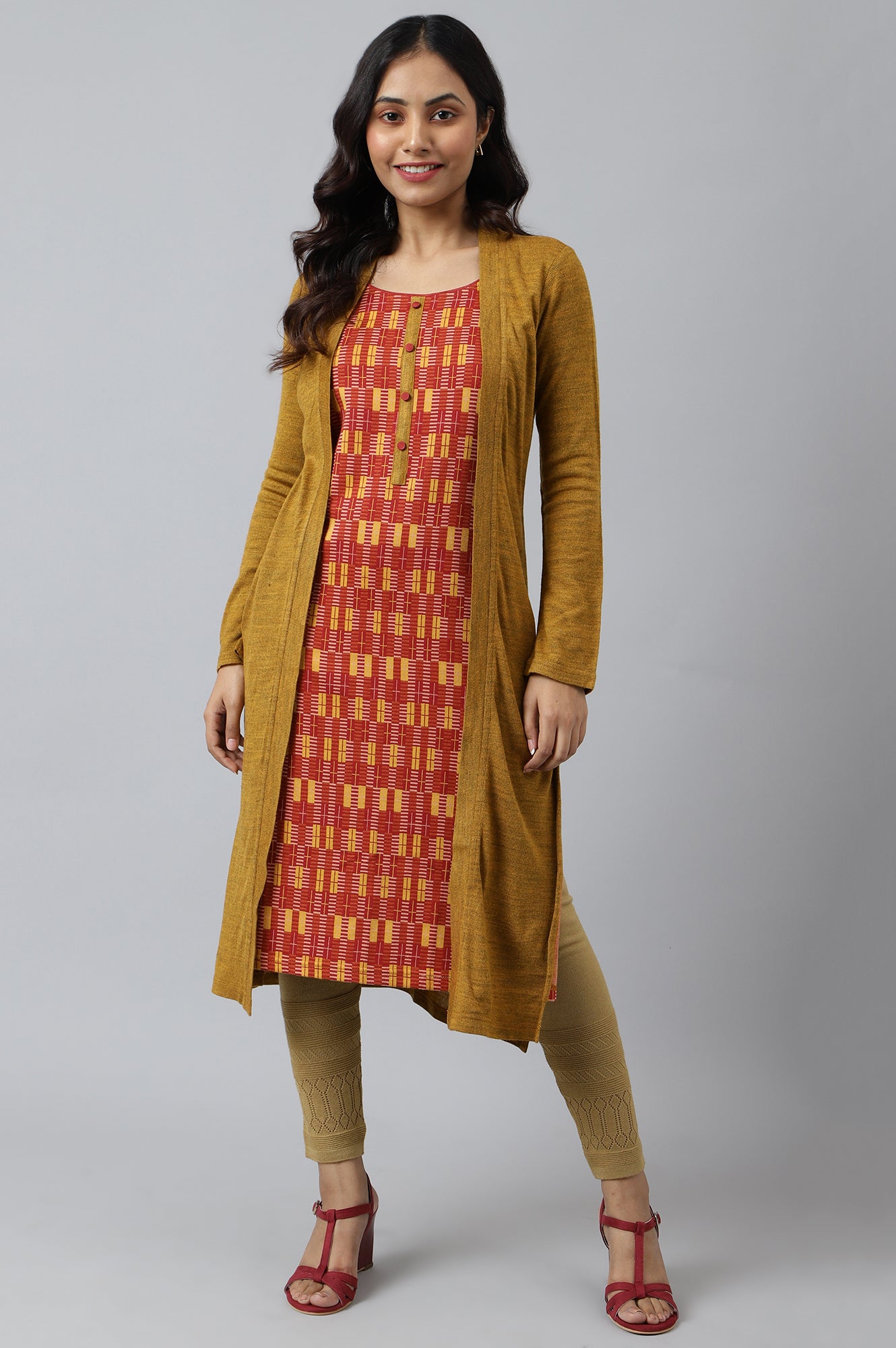 Yellow Double Layered Printed Winter kurta