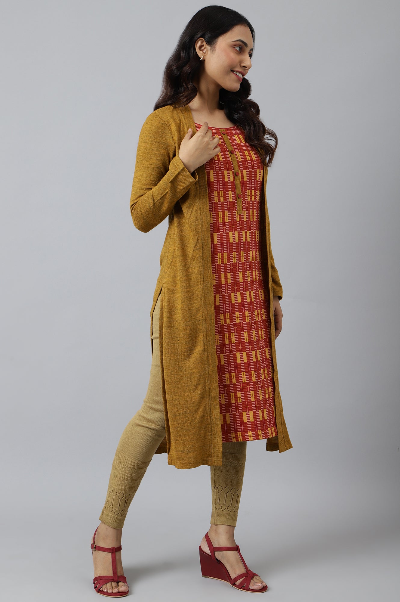 Yellow Double Layered Printed Winter kurta